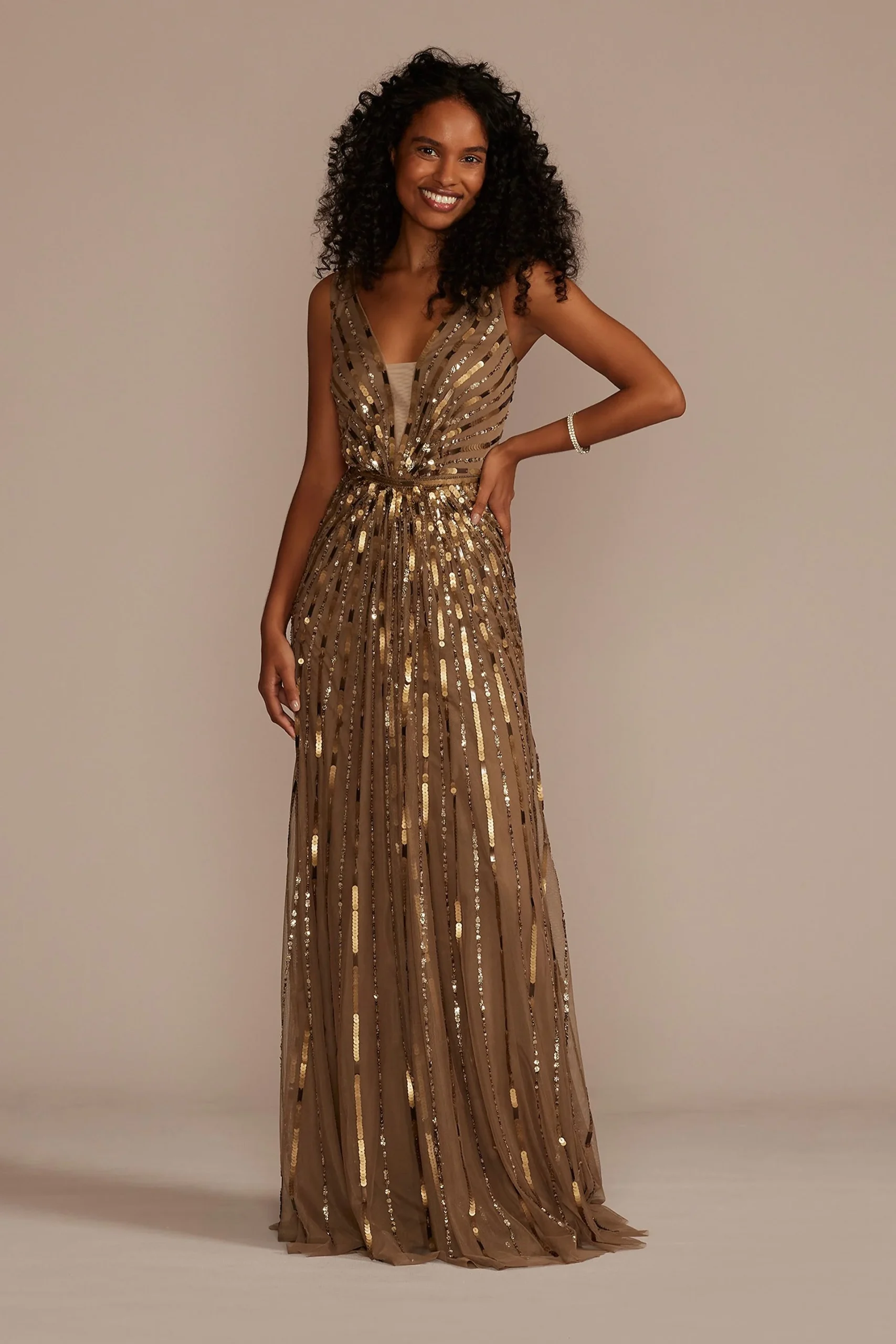 Plunging Sequin and Beaded A-Line Gown