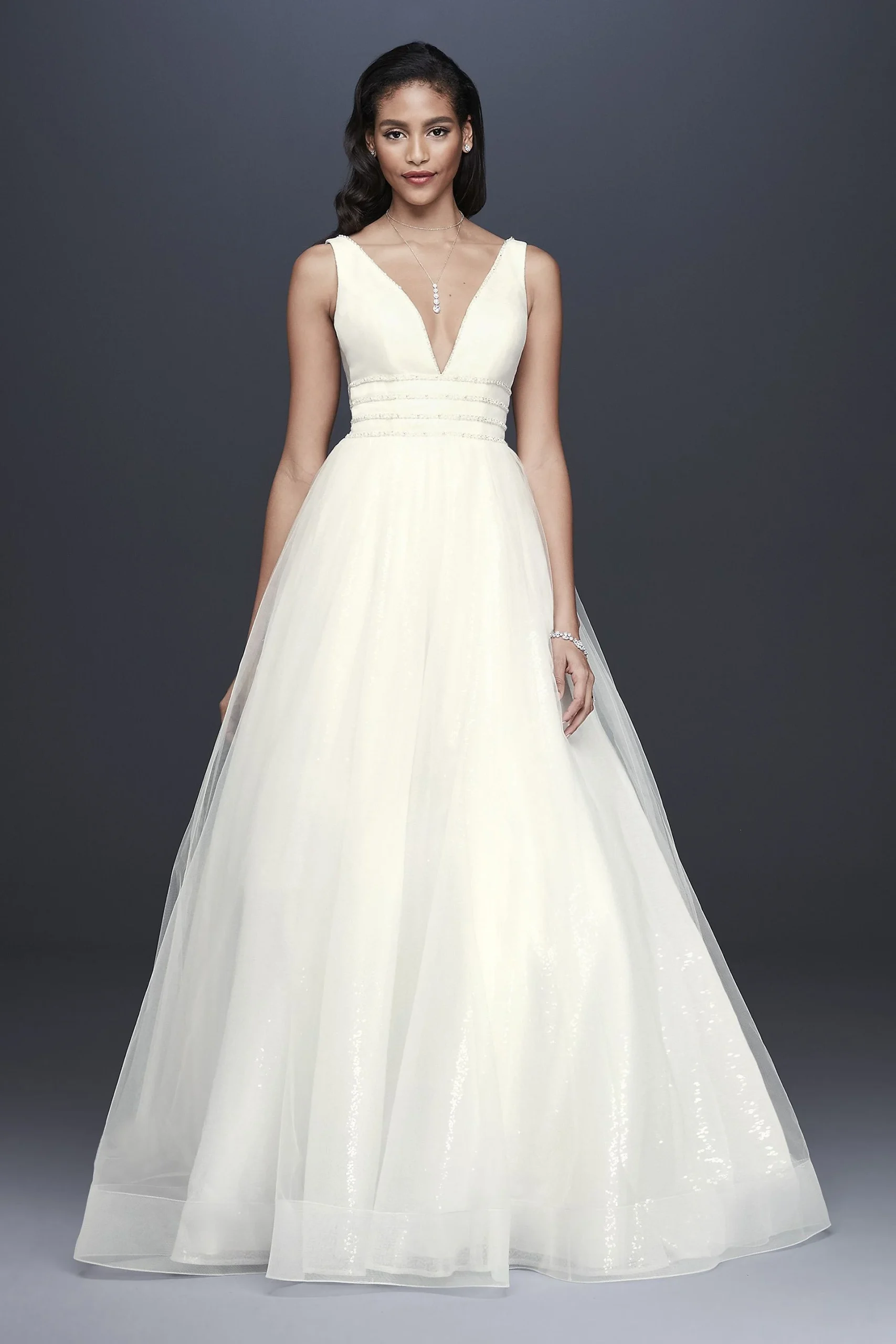 Plunging Sequin Tulle Ball Gown Wedding Dress