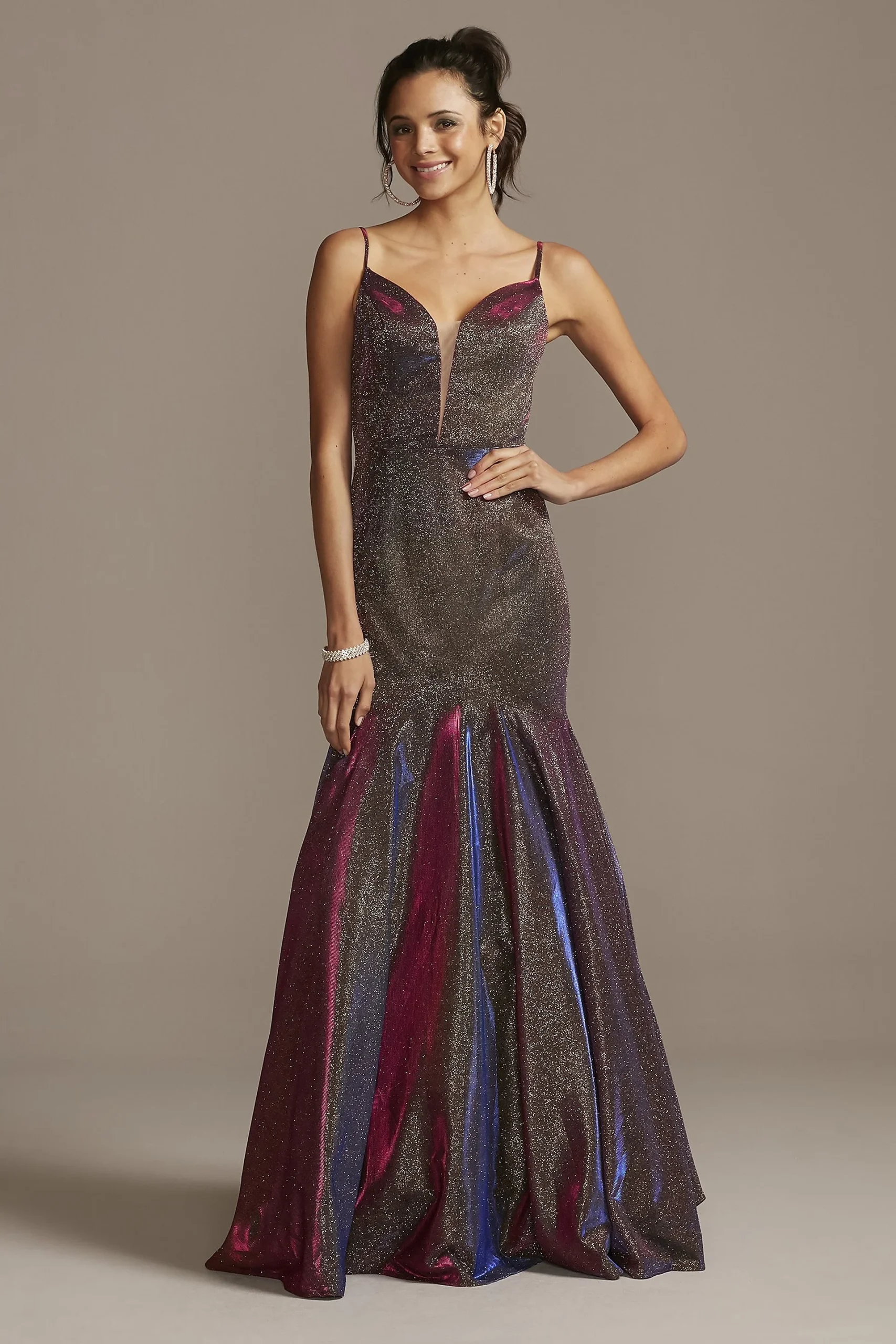 Plunging-V Iridescent Metallic Trumpet Dress