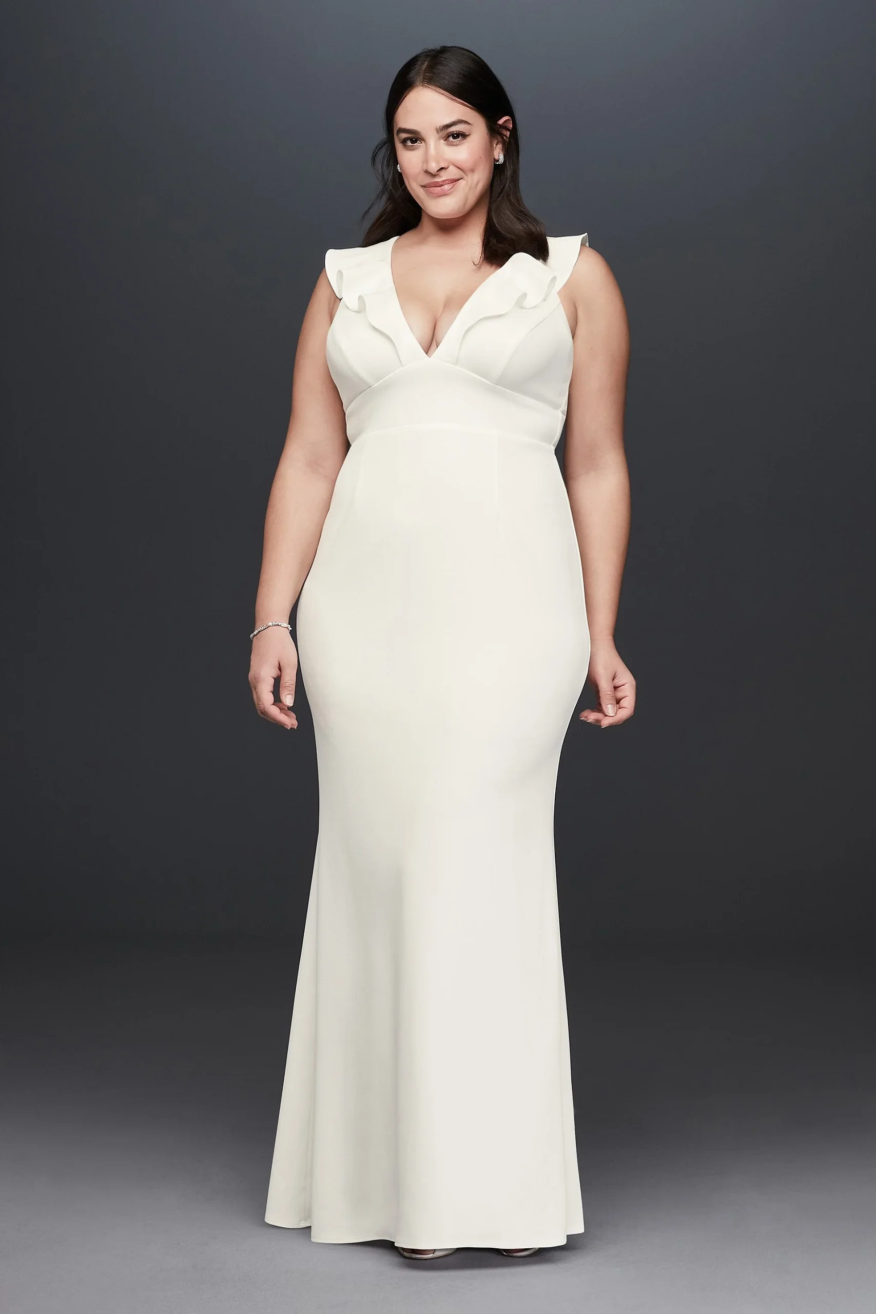Plunging V-Neck Ruffle Strap Low Back Crepe Gown