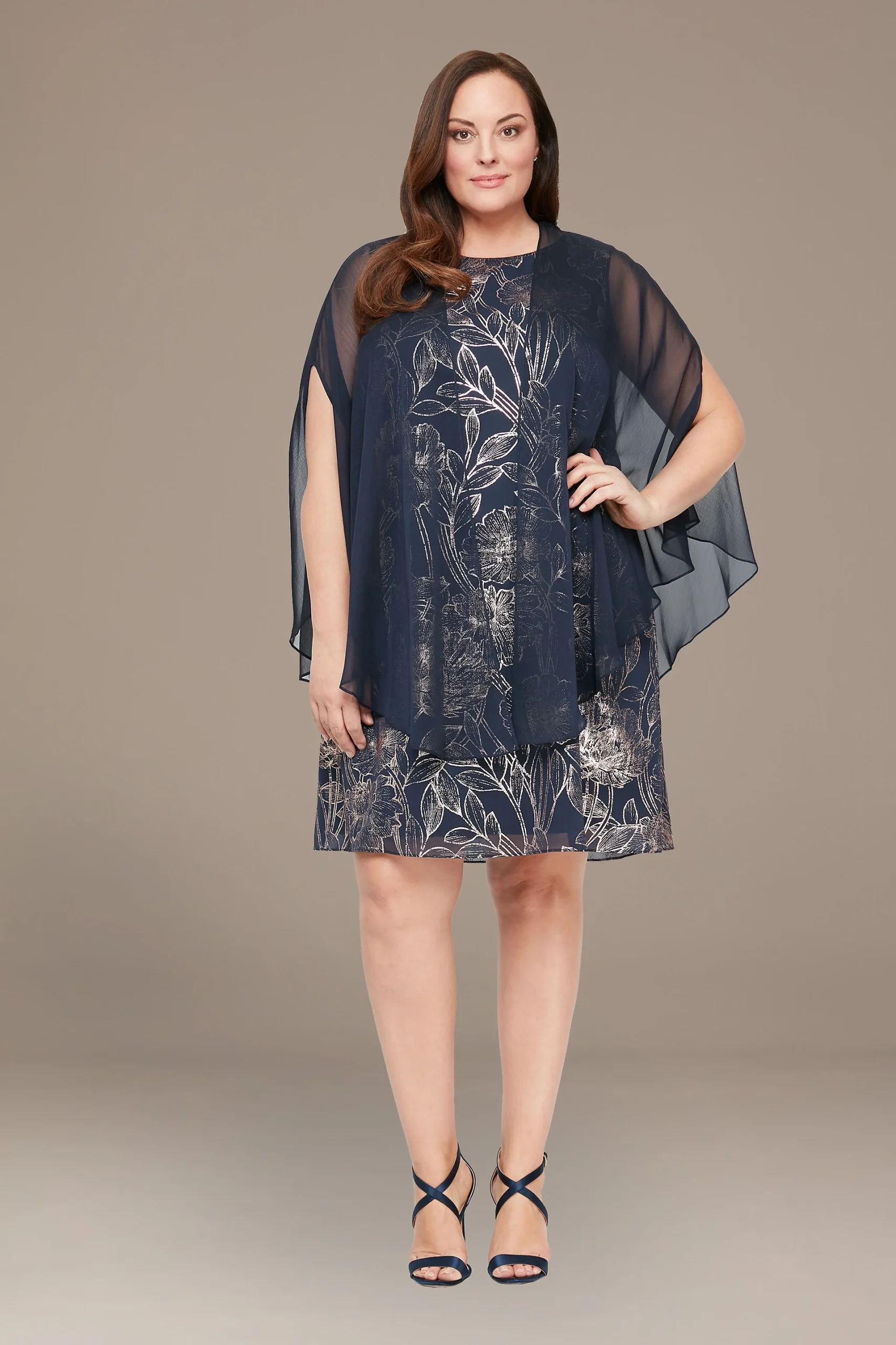 Plus Foil Printed Chiffon Tank Dress with Jacket