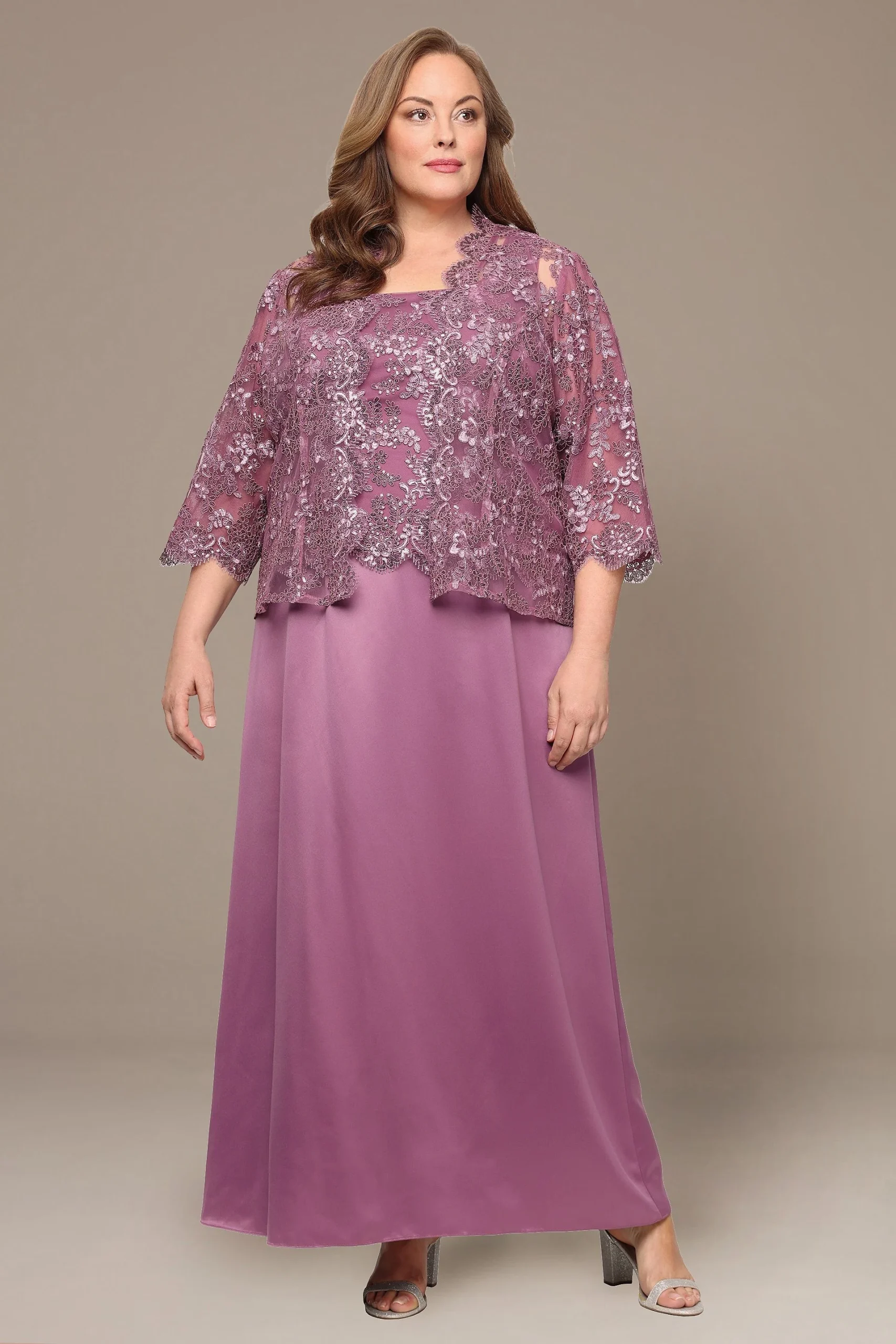 Plus Satin and Chiffon Embroidered Jacket Dress