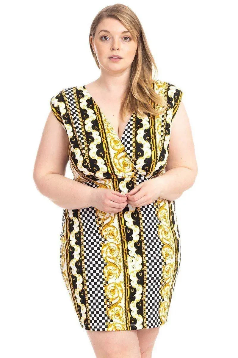 Plus Size Boarder PrintV-neck Bodycon Dress