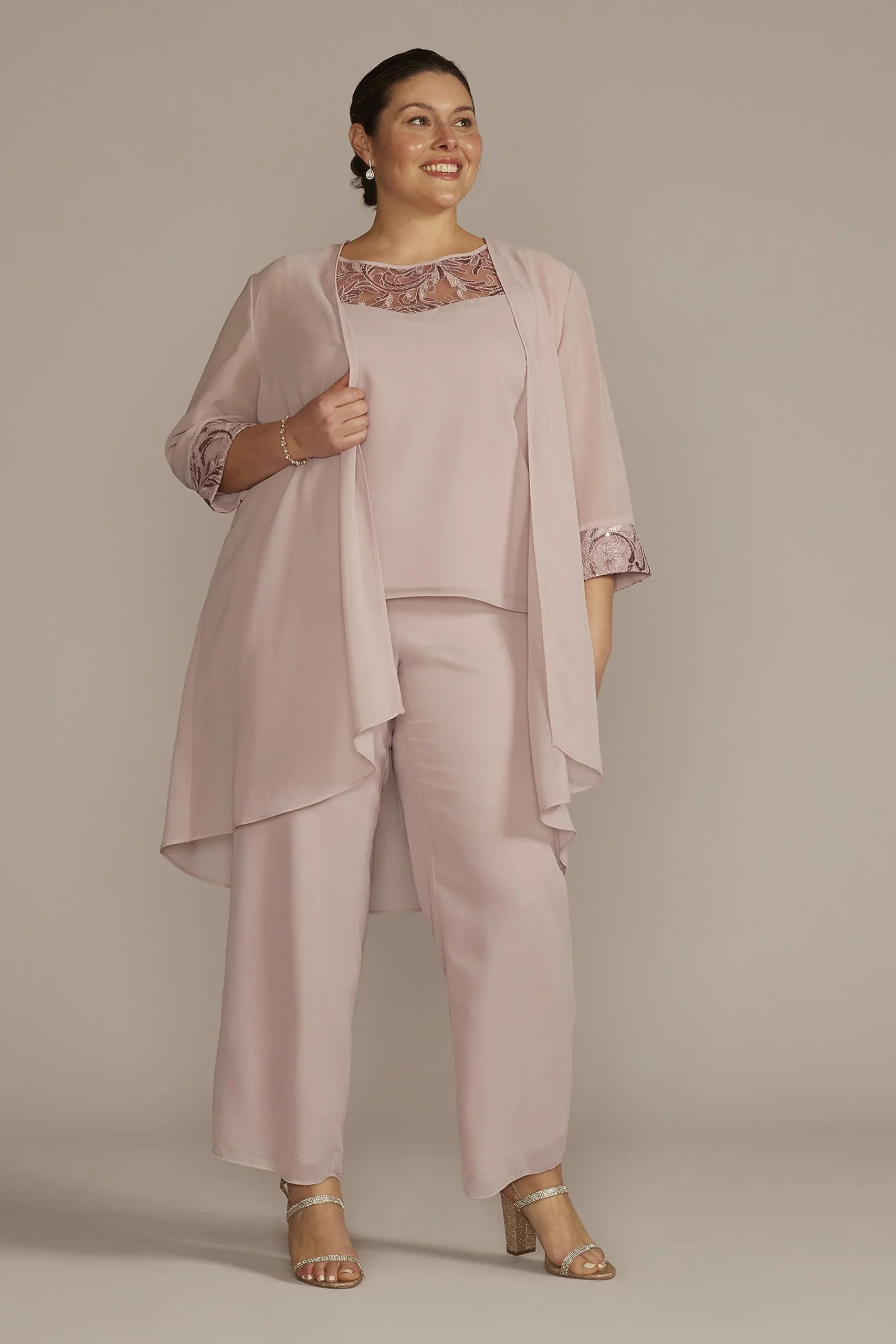 Plus Size Embroidered Chiffon Three-Piece Pantsuit