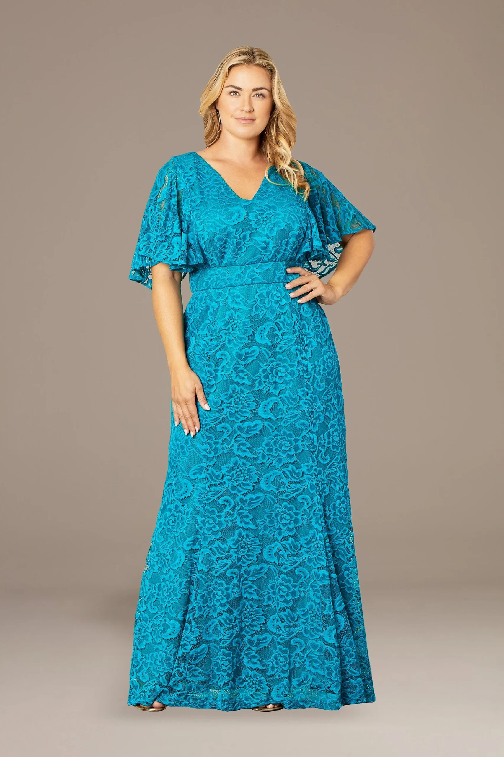 Plus Size Lace Flutter Sleeve Evening Gown
