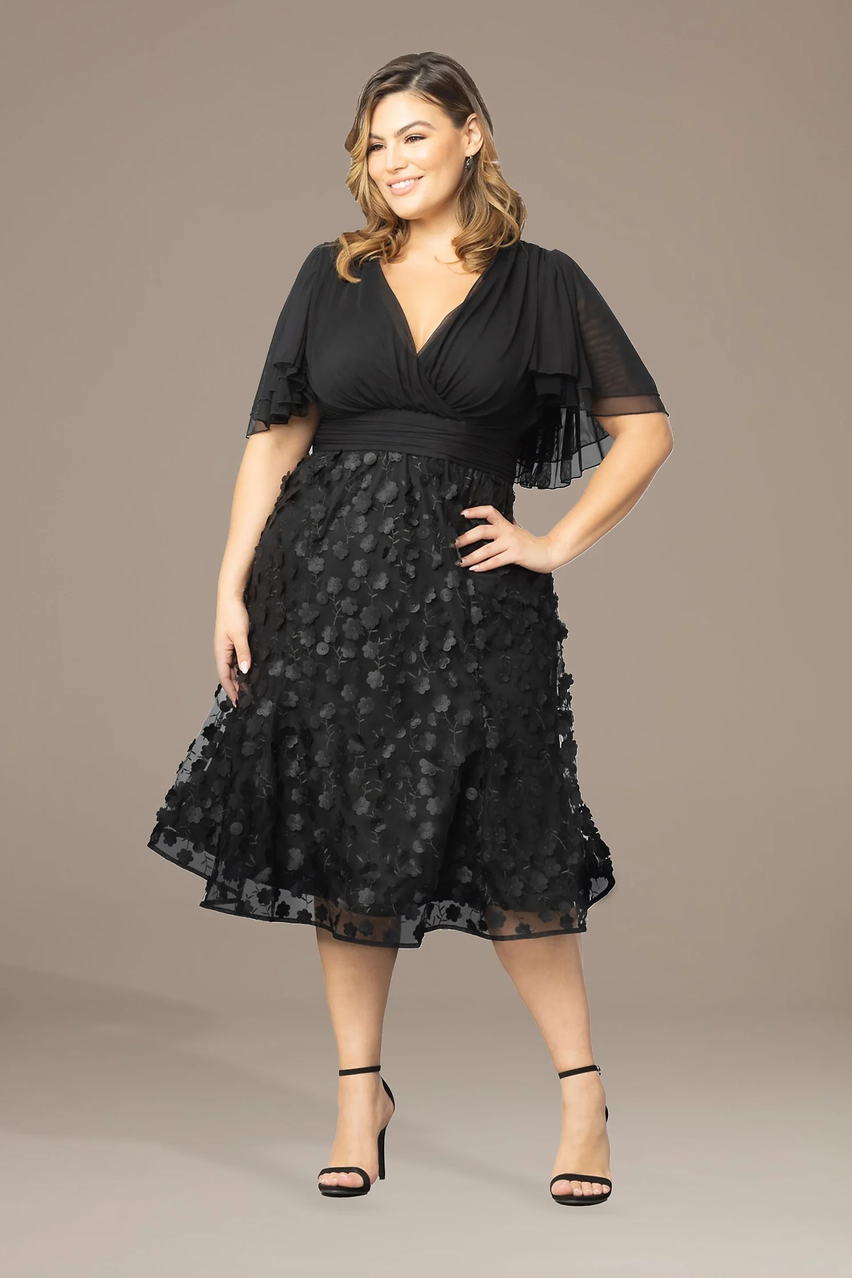 Plus Size Mesh Cocktail Dress with 3D Flowers