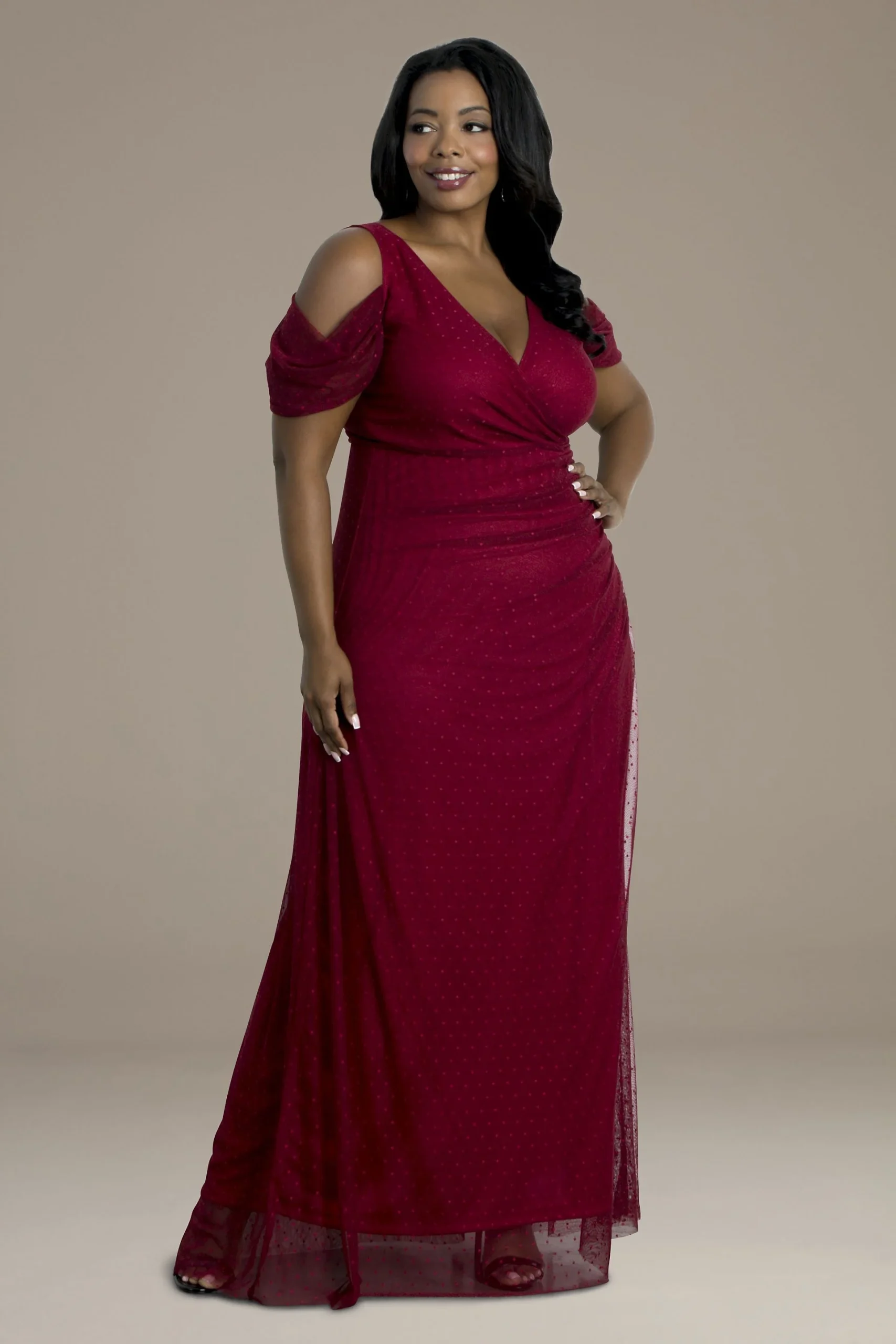 Plus Size Mesh Gown with Draped Sleeves