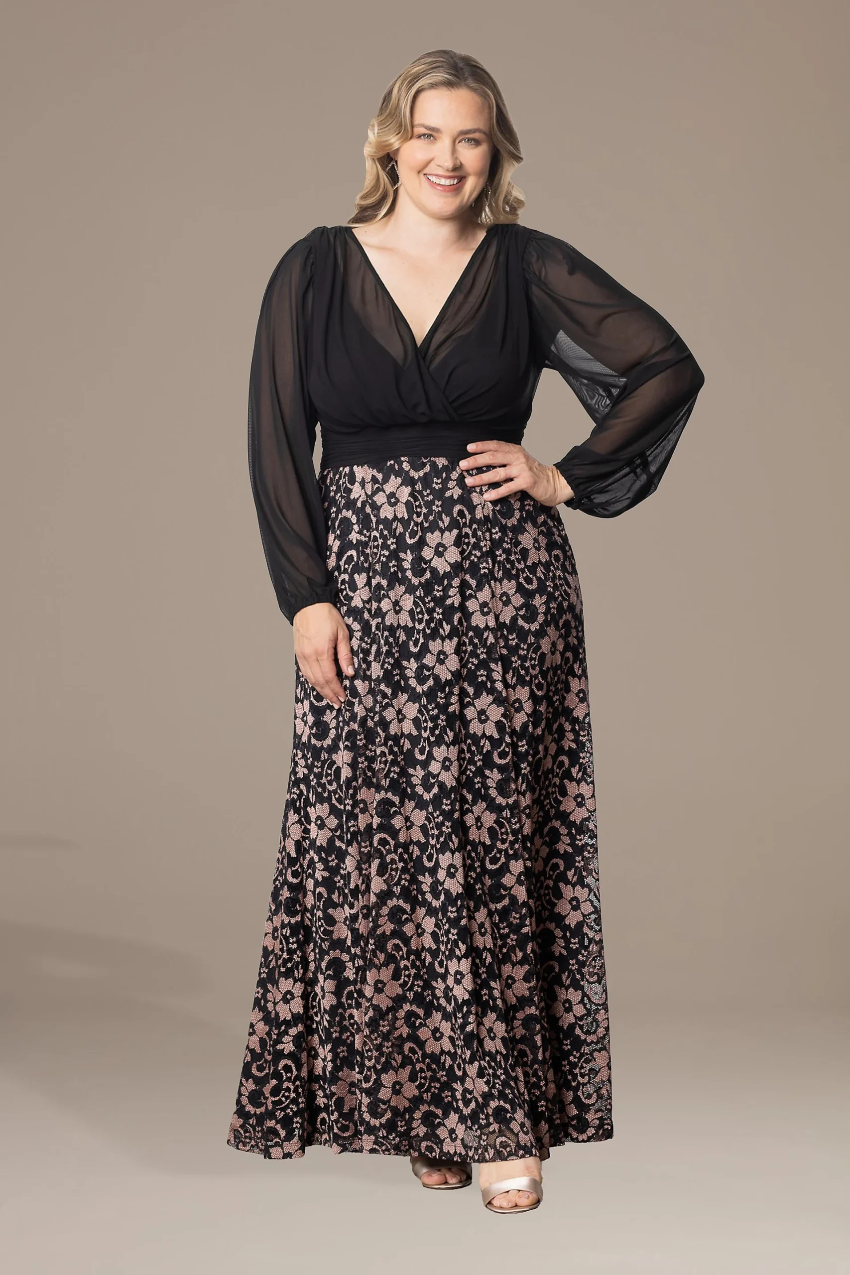 Plus Size Mon Tresor Long Sleeve Lace Evening Gown