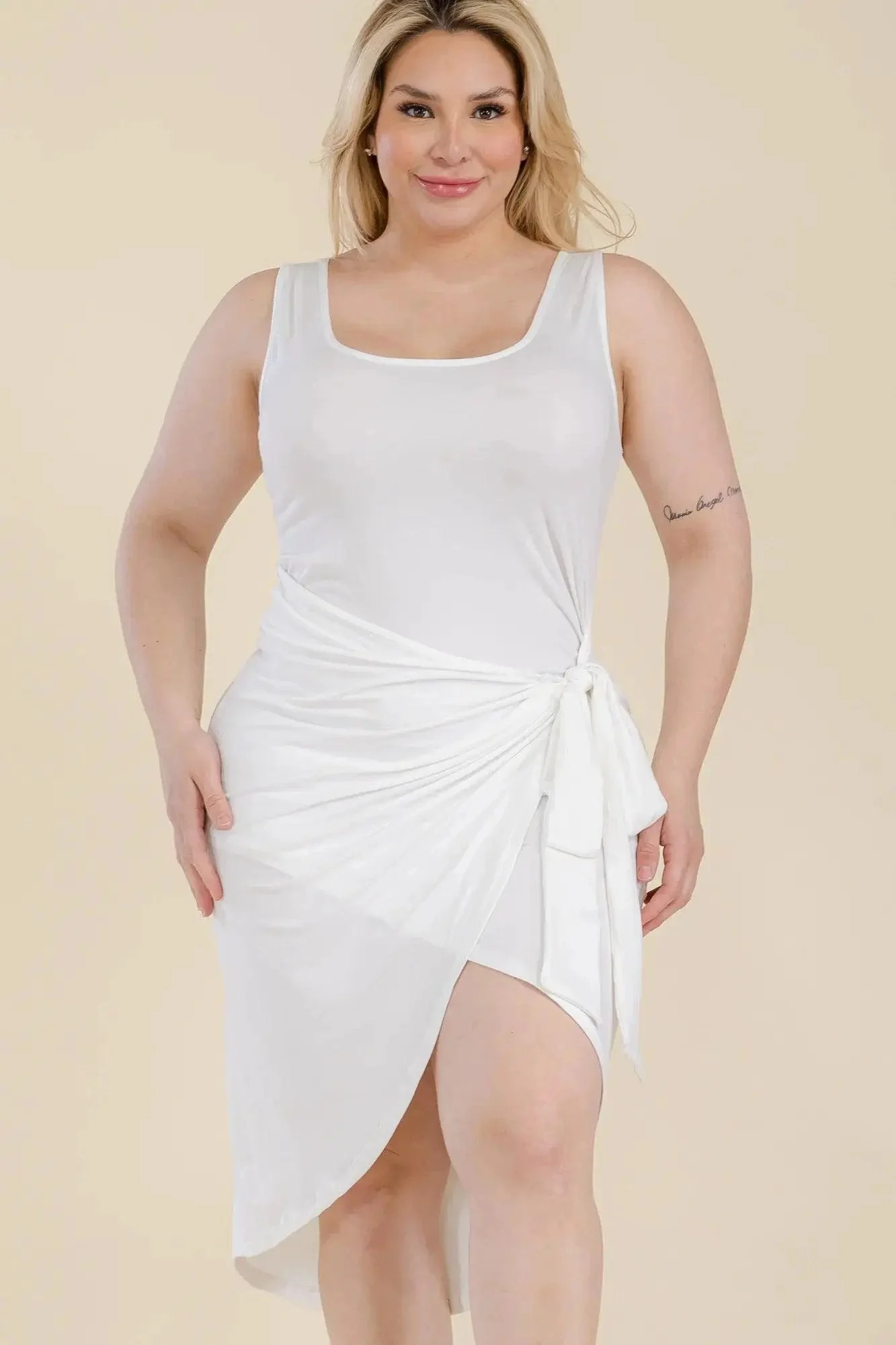 Plus Size Solid Wrap Front Tie Side Midi Dress