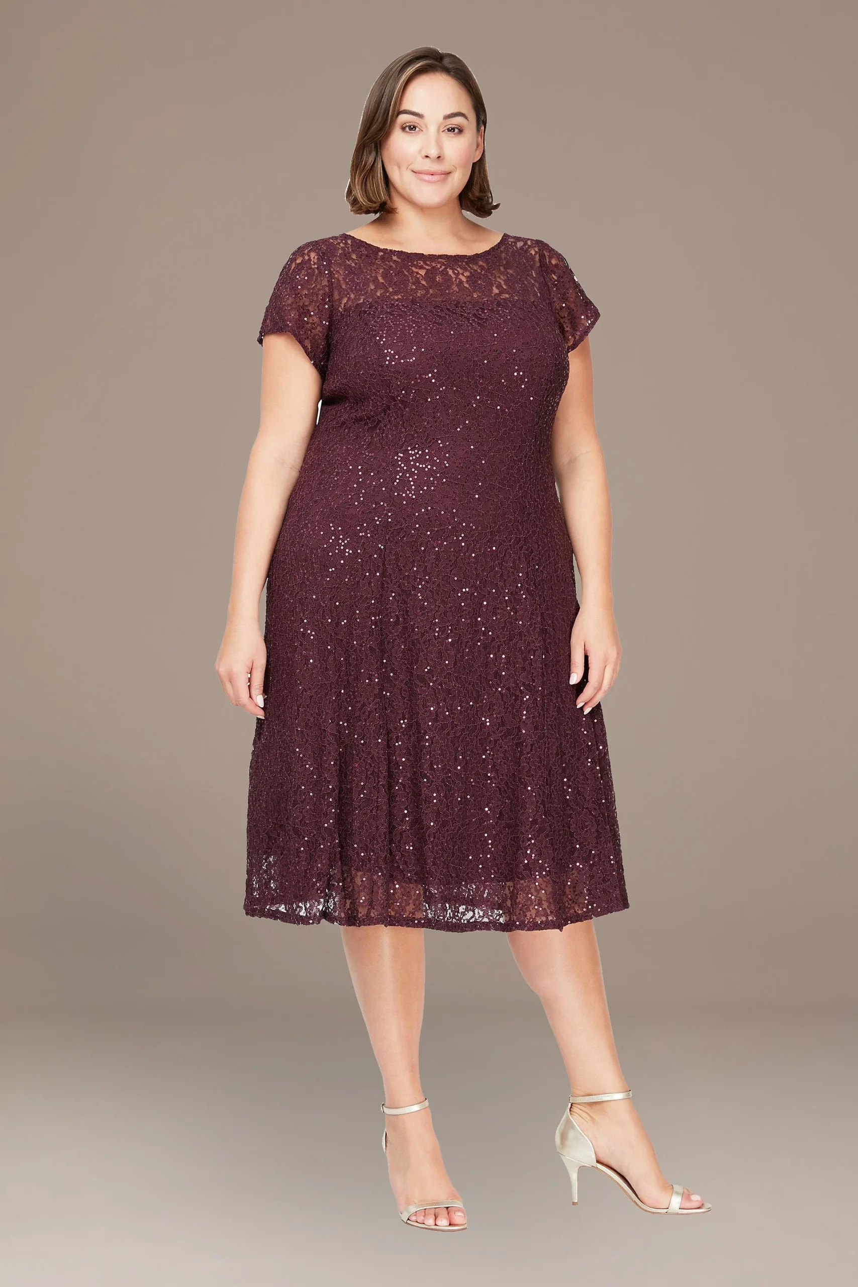 Plus Size Tea Length Illusion Sequin Lace A-Line