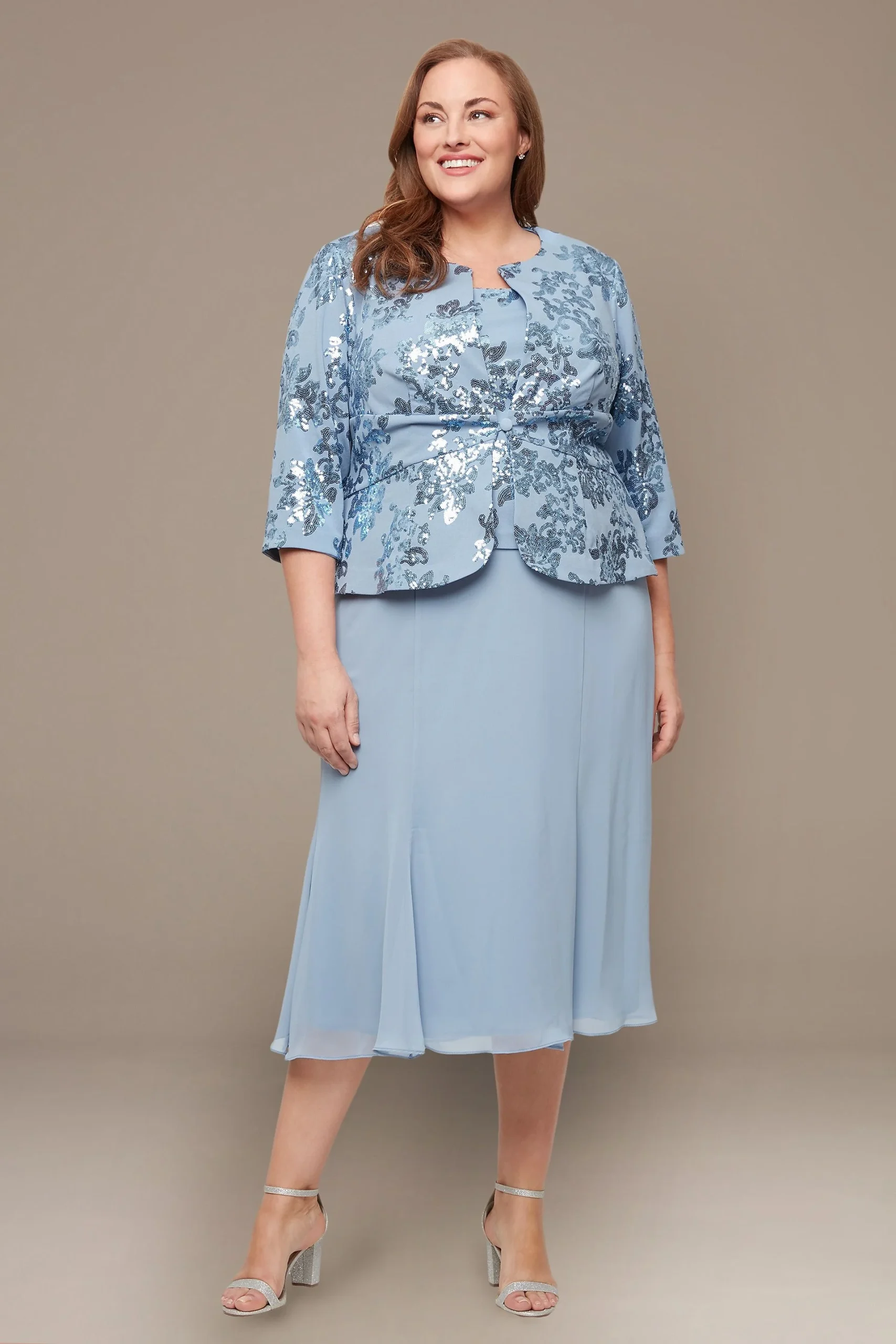 Plus Size Tea-Length Sequin Jacket Dress