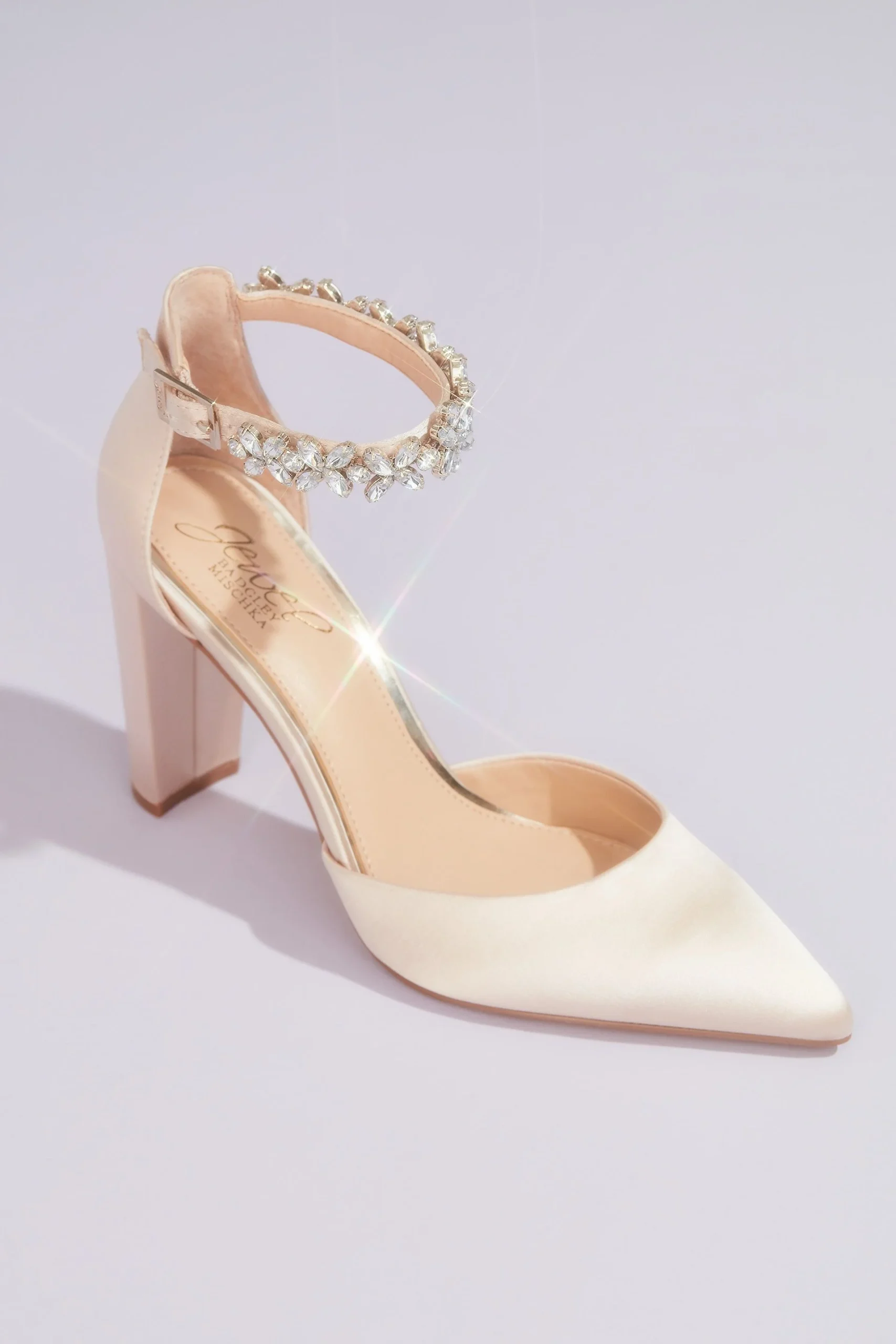 Pointed Toe Block Heels with Crystal Ankle Strap