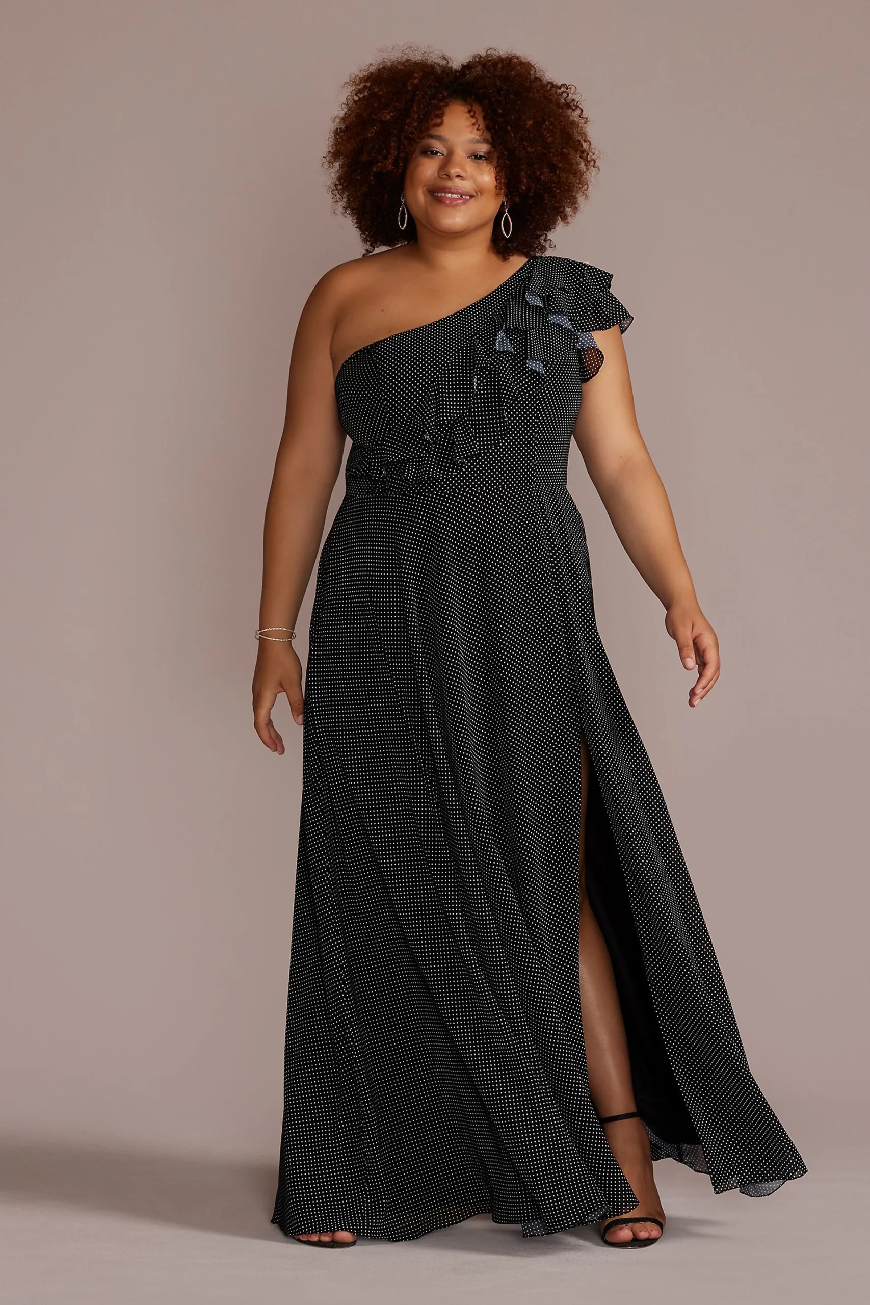 Polka Dot One-Shoulder Ruffle A-Line Dress