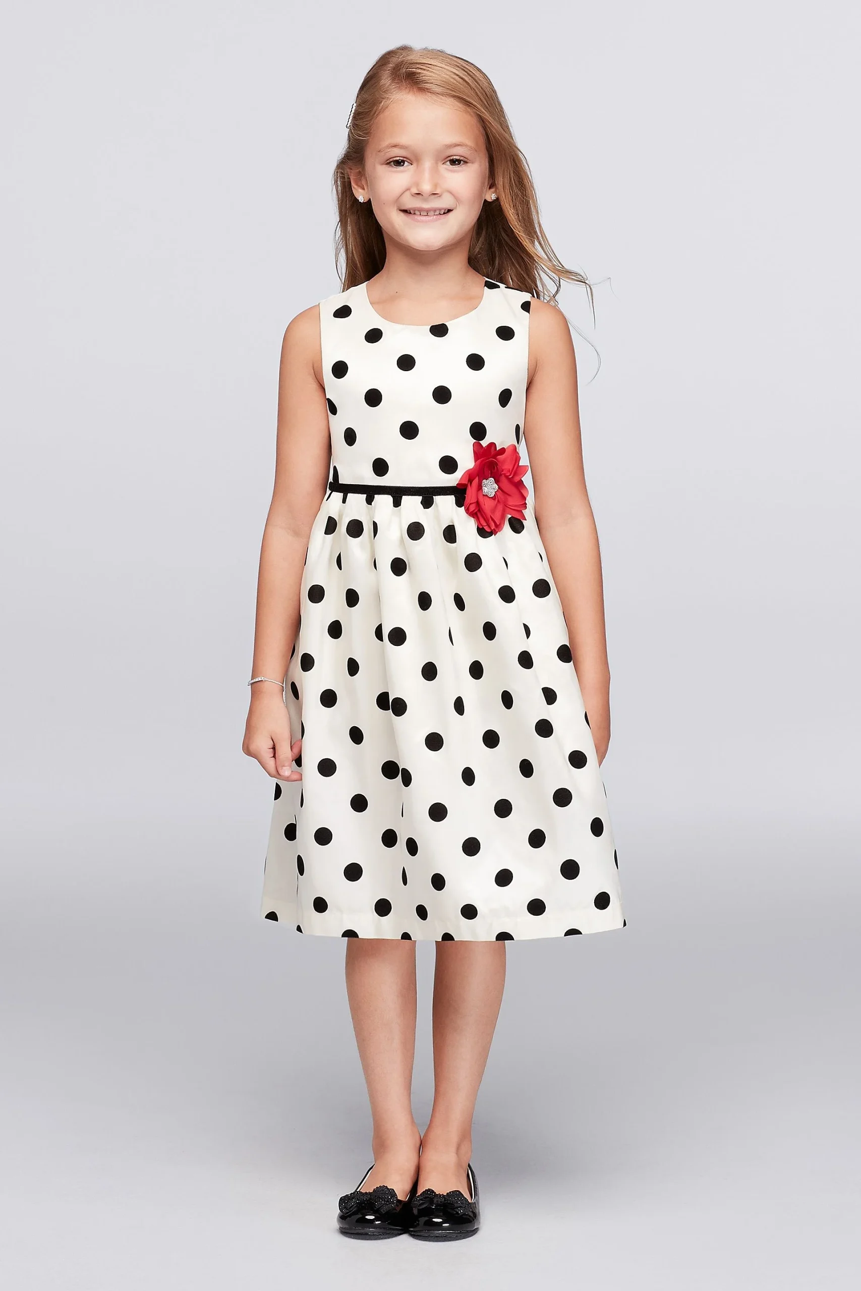 Polka Dot Satin Party Dress with Flower Accent