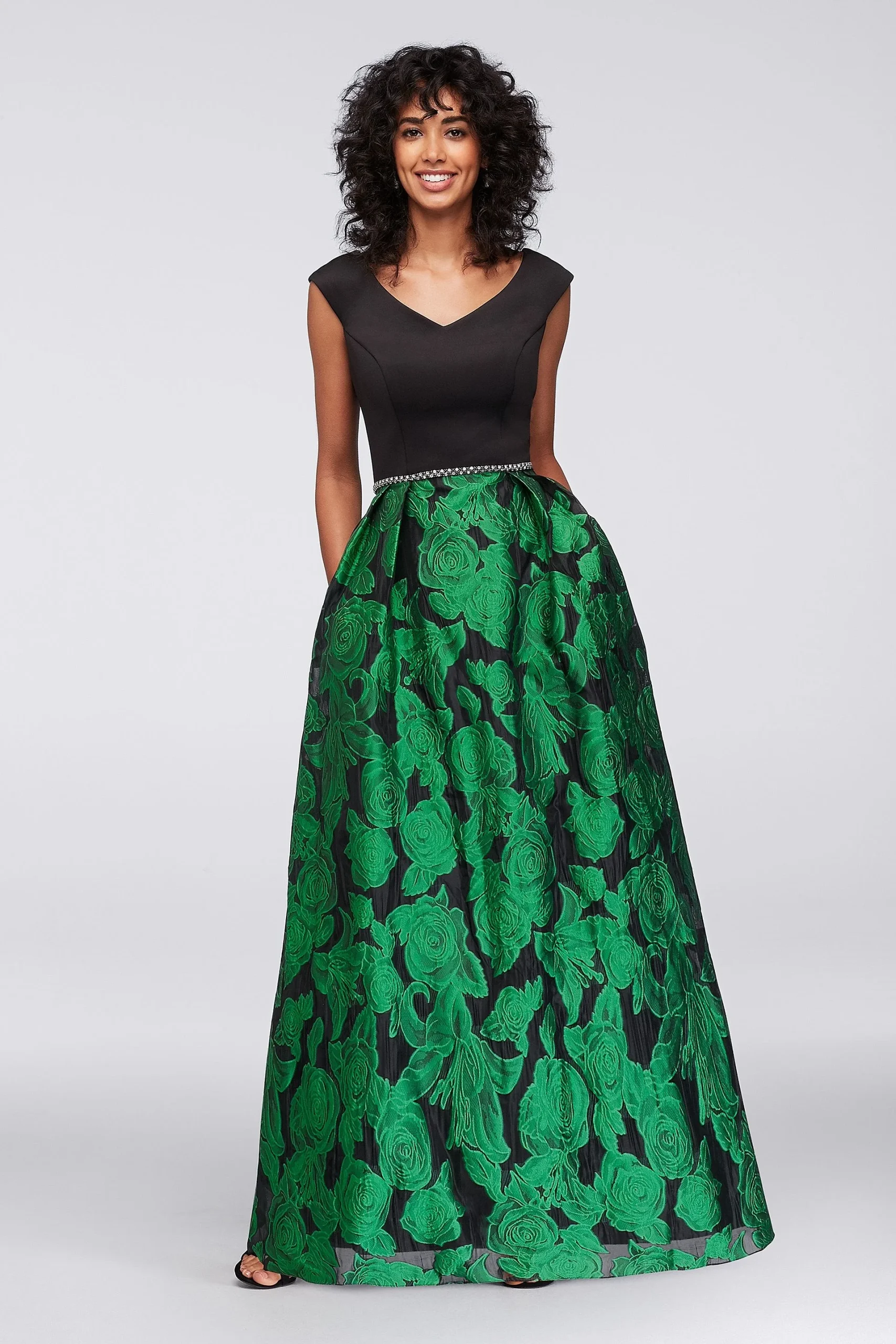 Portrait Neckline Scuba and Burnout Organza Gown
