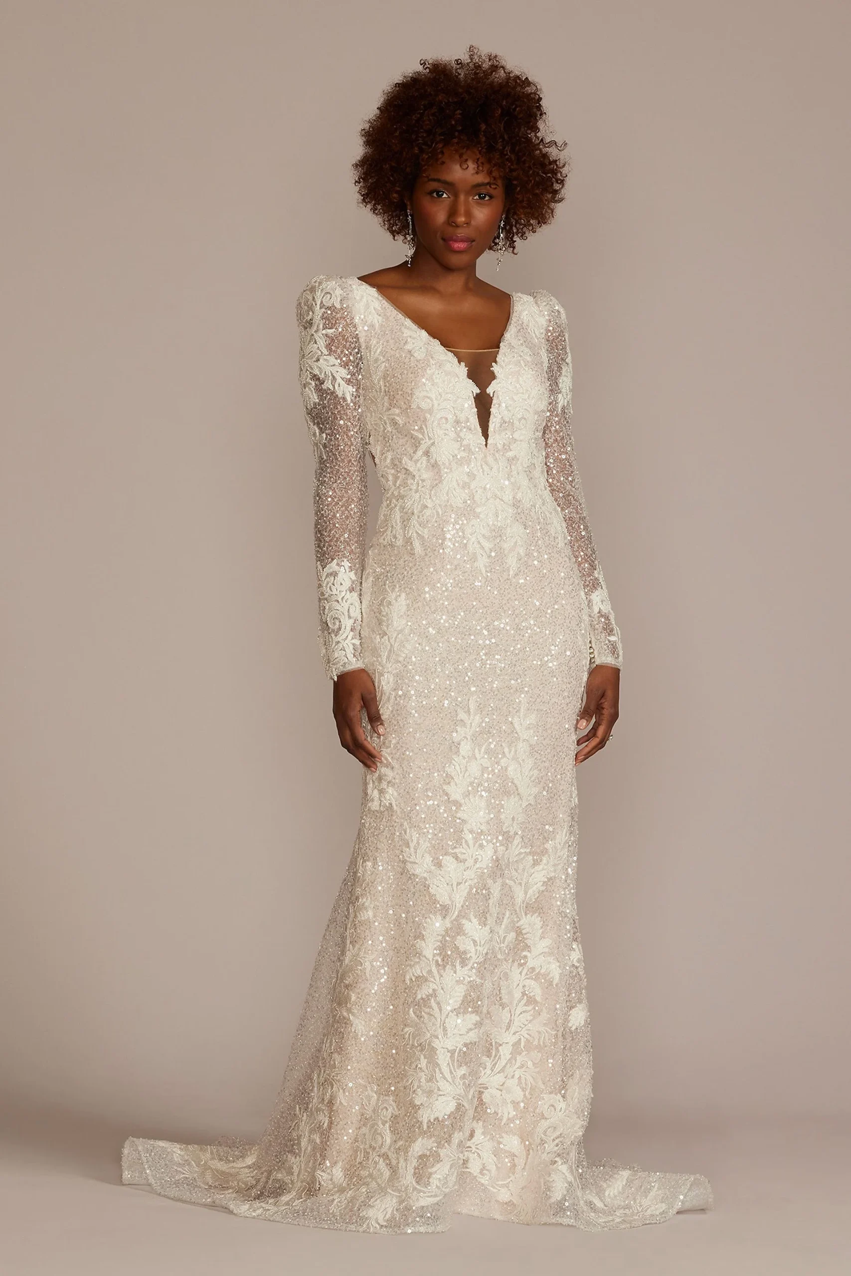 Pouf Shoulder Beaded Sheath Wedding Dress