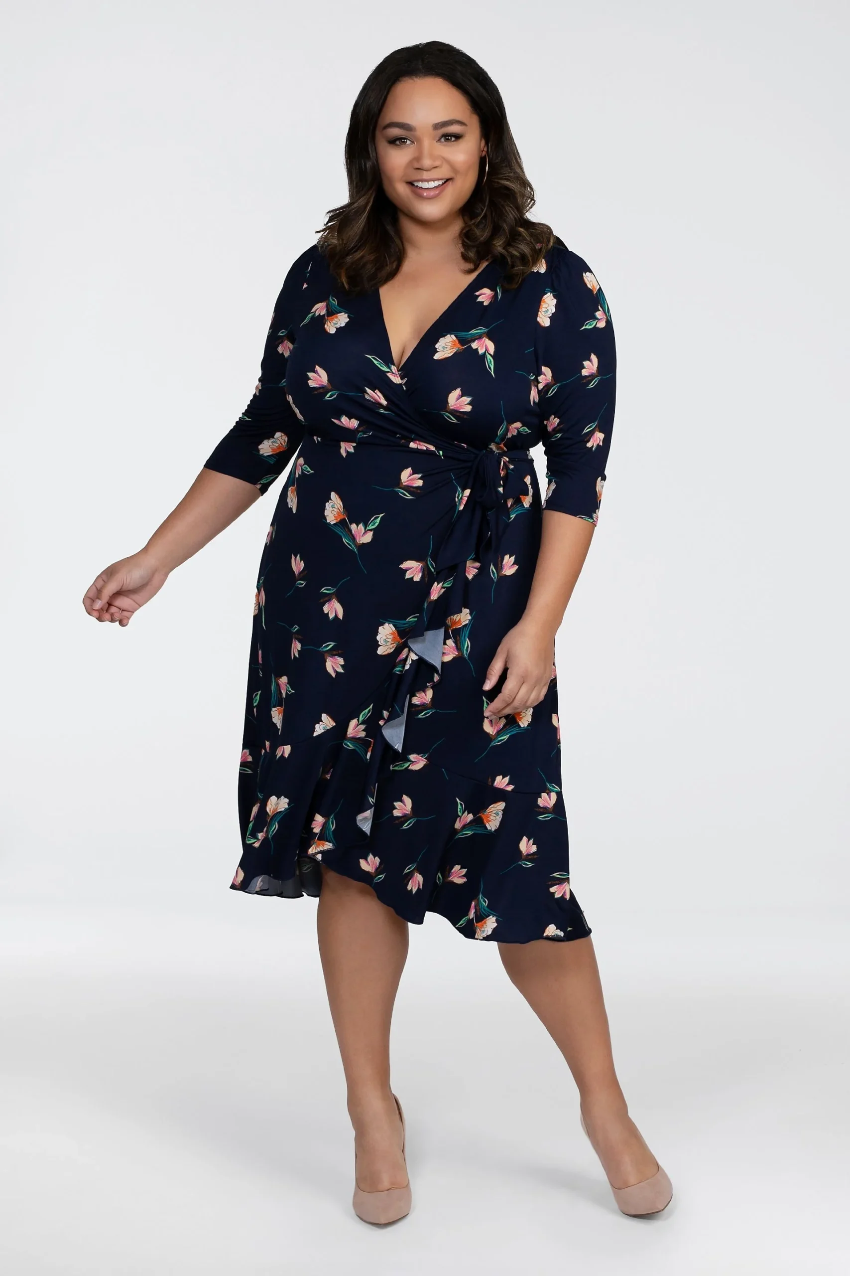 Printed Cascading Plus Size Wrap Dress