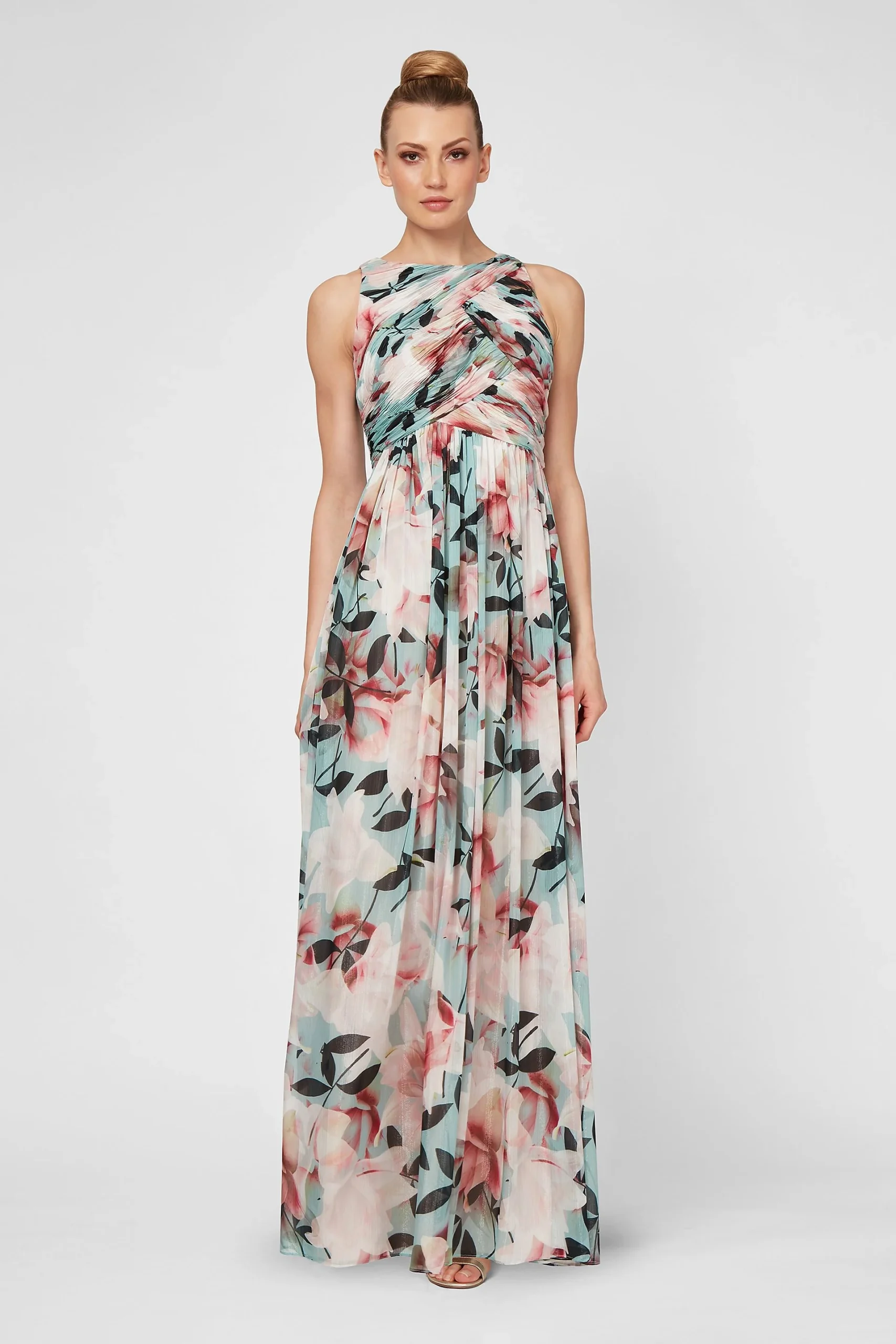Printed Chiffon High-Neck A-line Ruched Dress