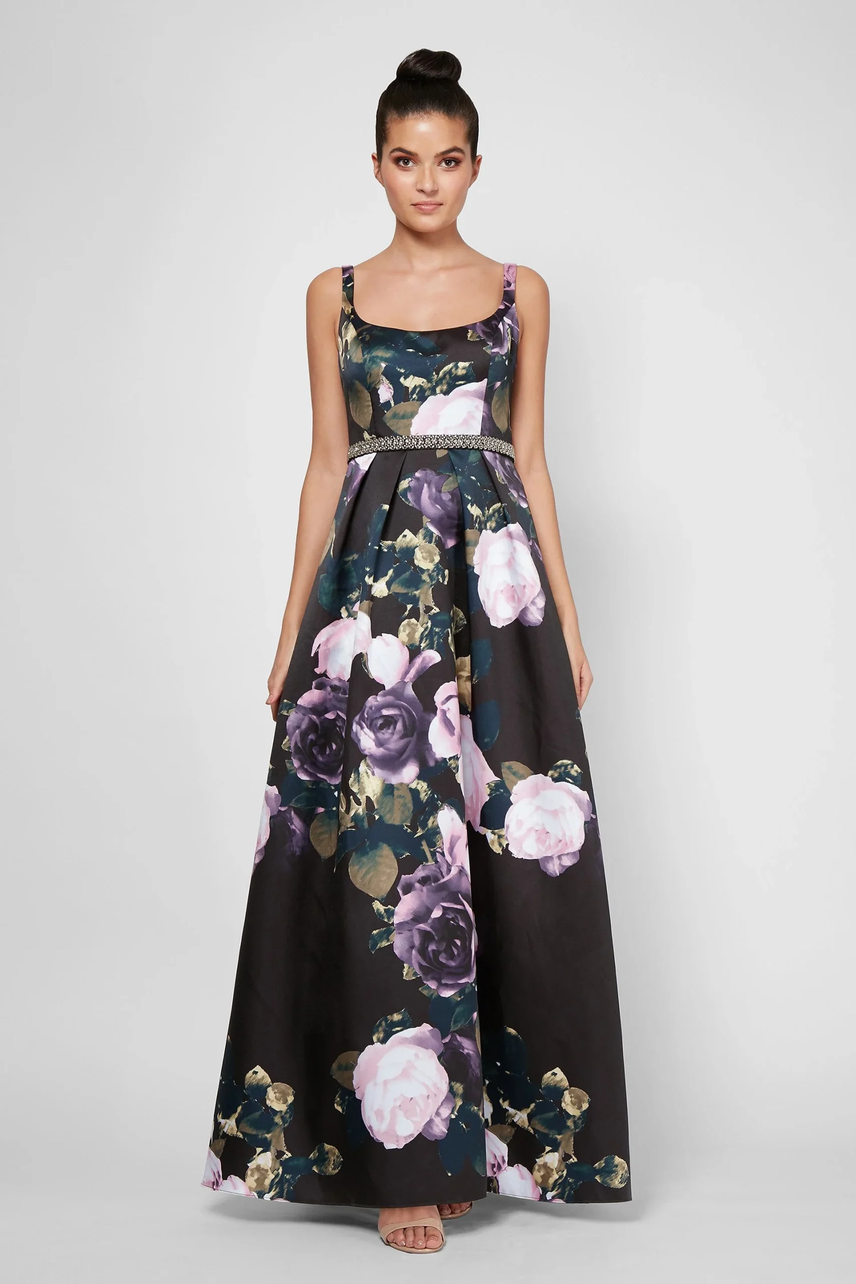 Printed Mikado Tank Ball Gown with Beaded Waist