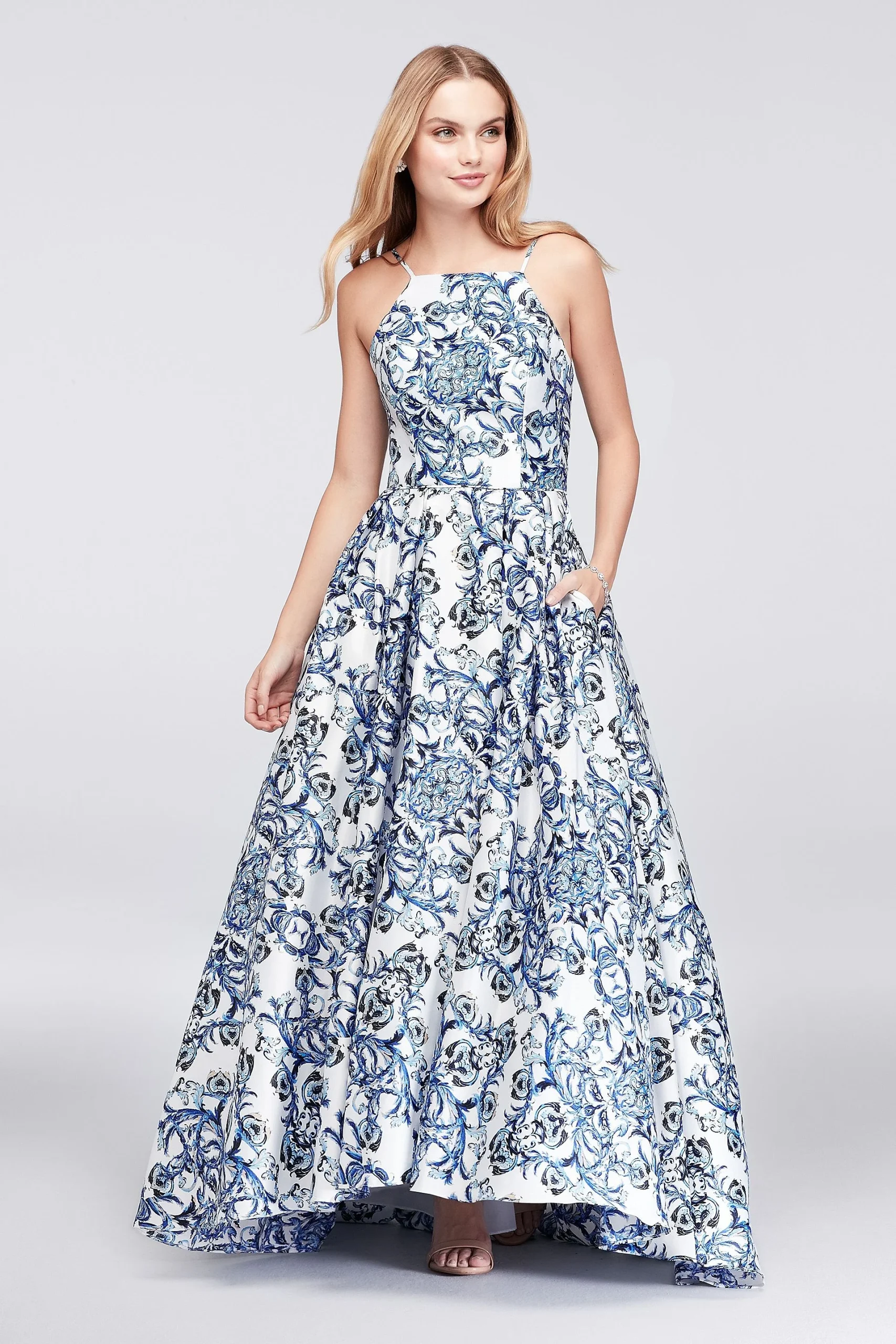 Printed Satin Halter Ball Gown with Lace-Up Back