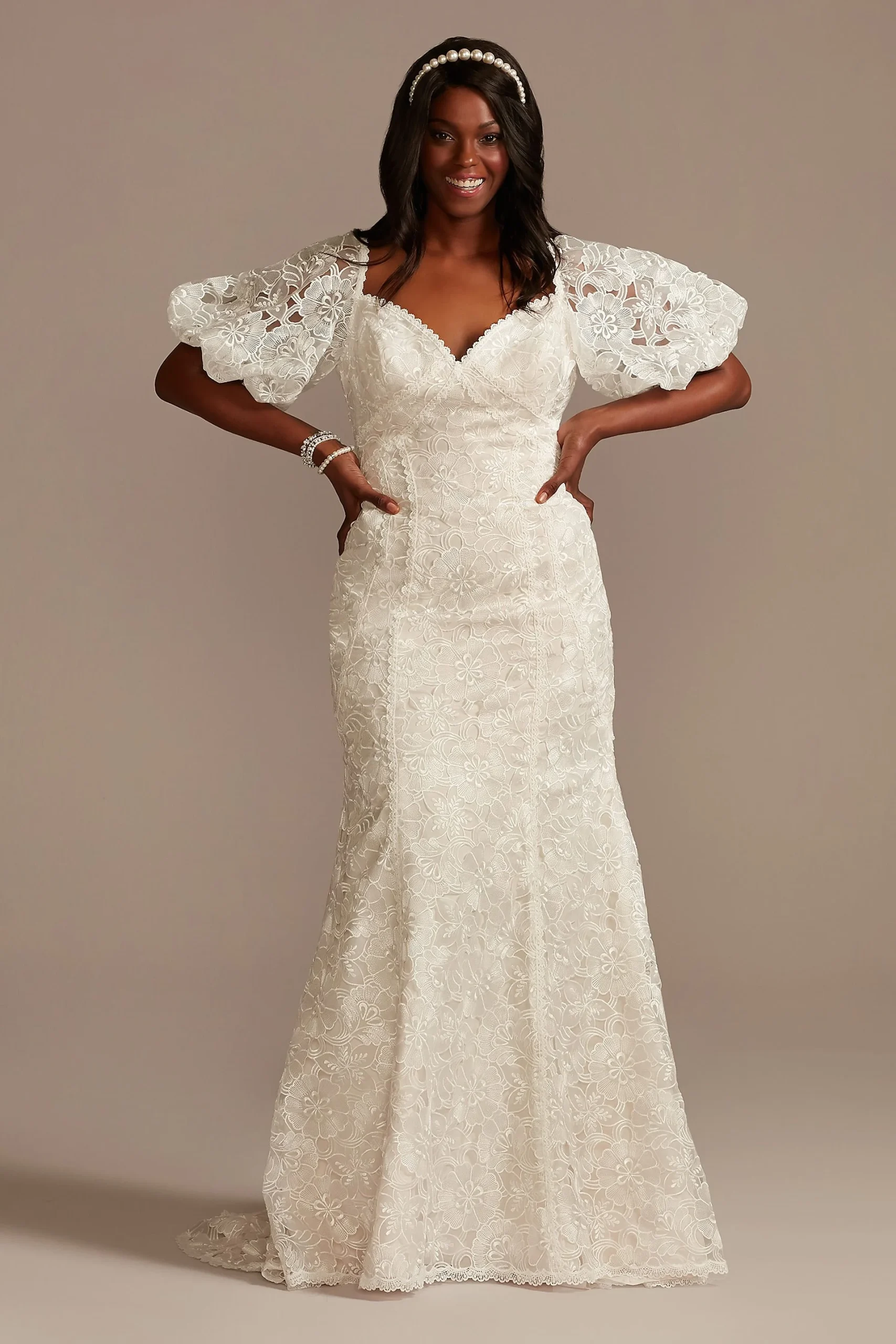 Puff Sleeve Floral Wedding Dress with Low Back