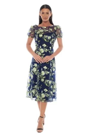 Puff Sleeve Multi Tone Embroidery Midi Dress