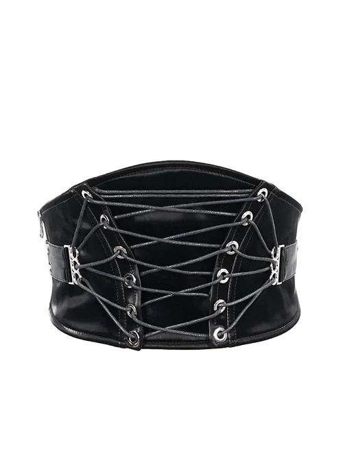 Punk Adjustable Imitation Leather Fan-shaped Lace Up Black Corset