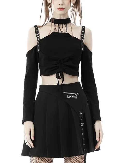 Punk Black Metal Eyelet Sling Sexy Off-The-Shoulder Long Sleeve Top