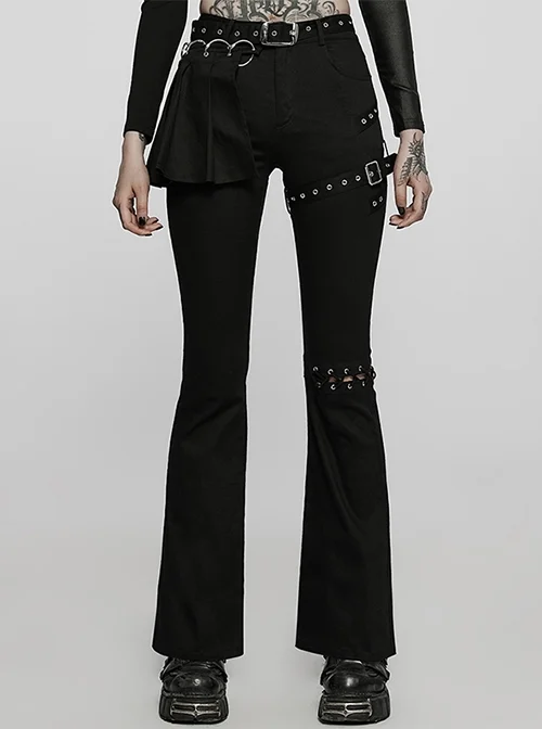 Punk Style Statement Low Rise Detachable Belt Pleated Charm Black Rock Cutout Flared Leggings