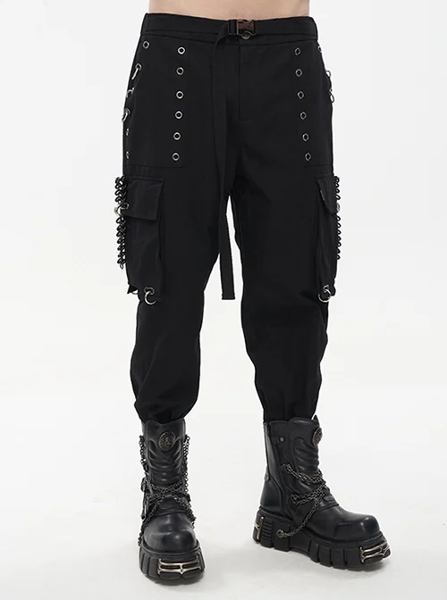 Punk Tatting Multi-Pocket Metal Chain Black Cargo Pants Male