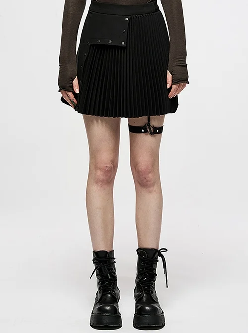 Punk Versatile A-Line Version Asymmetrical Removable Leg Rings Black Pleated Skirt Women