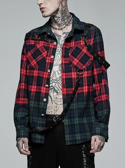 Pure Cotton Red And Blue Plaid Simple PersonalityLeather Loops No Elasticity Punk Male Shirt