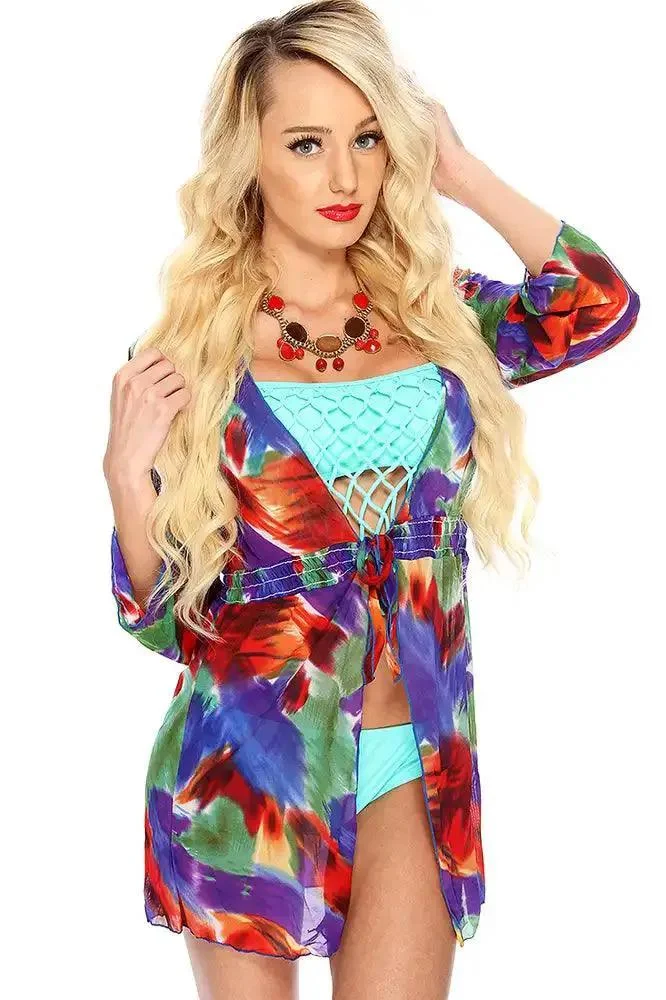 Red Blue Printed Quarter Sleeves Robe Swimsuit Coverup