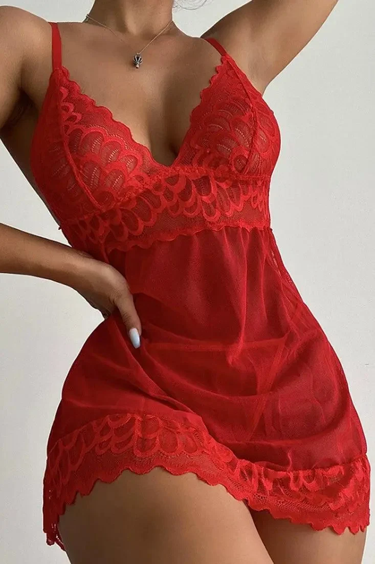 Red Lace Mesh Sheer Spaghetti Straps Teddy Slip Sexy Lingerie