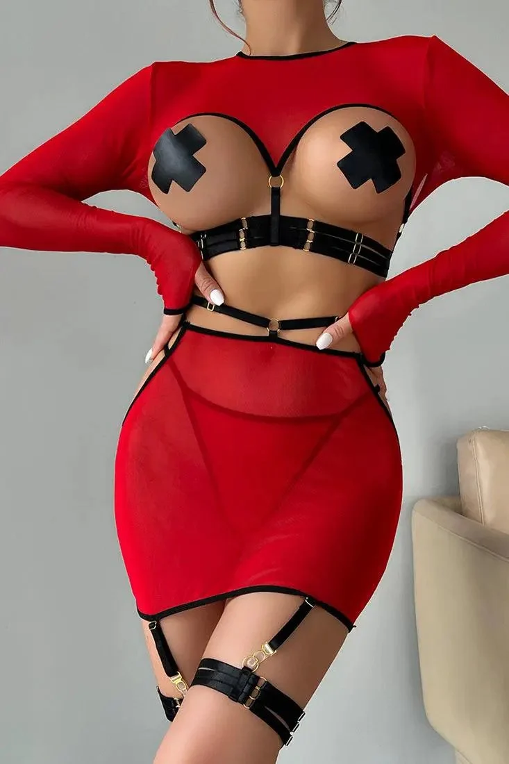 Red Mesh Black Strappy Bandage Long Sleeve Open Chest Garter Thong 5Pc Lingerie Set