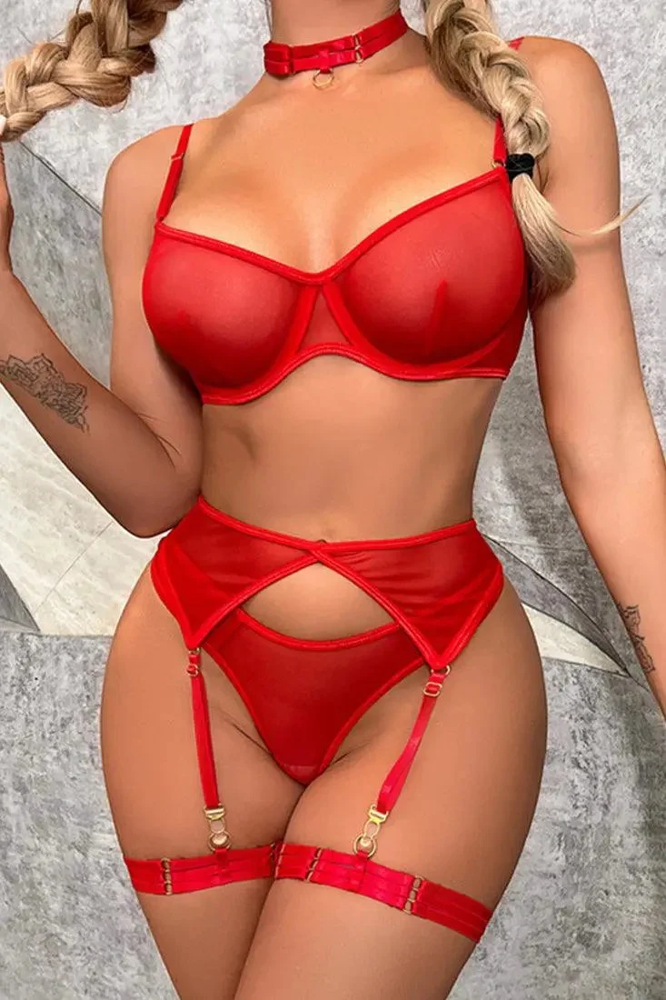 Red Mesh Sheer Bandage Garter Thong 5Pc Sexy Lingerie Set