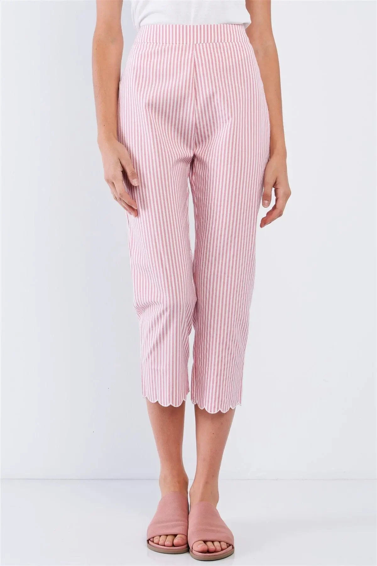 Red & White Striped High Waist Scalloped Hem Summer Capri Pants
