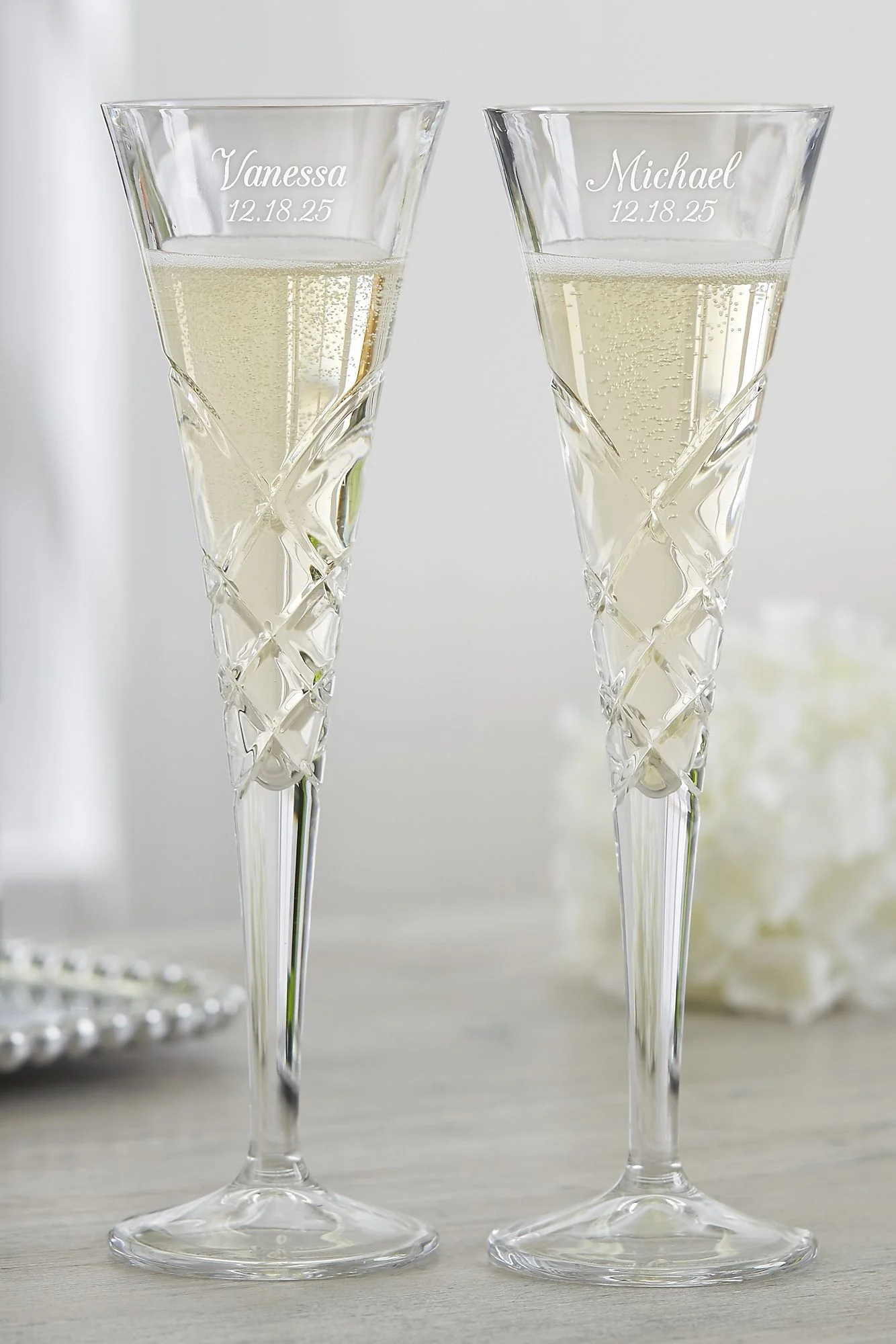 Reed Barton Engraved Crystal Champagne Flute Set
