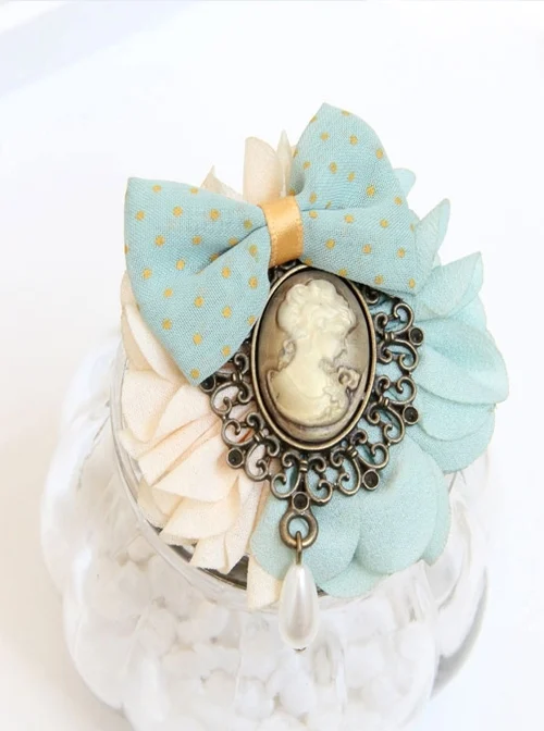 Retro Fashion Beauty Head Pearl Blue Polka Dot Bow Handmade Female Brooch