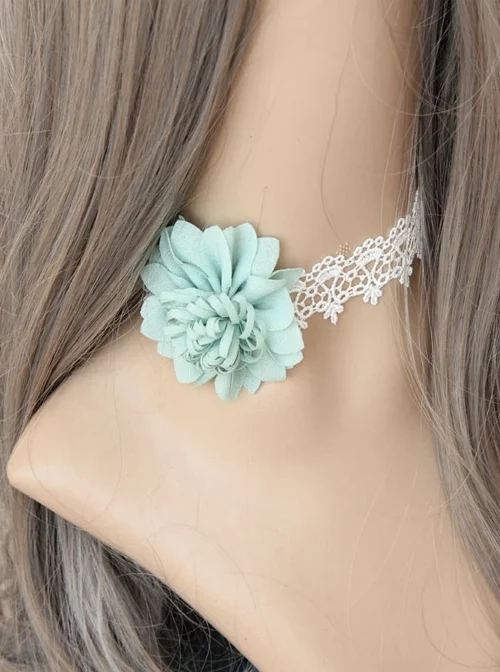 Retro Fashion Handmade Blue Flowers Female White Lace Short Necklace