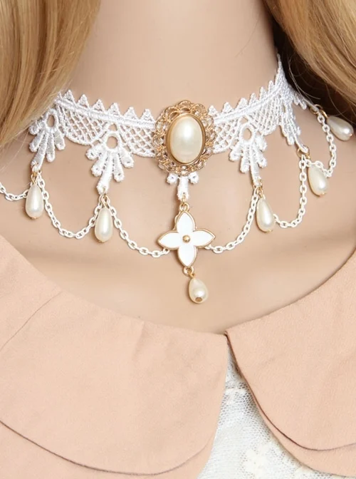 Retro Fashion White Lace Bride Gorgeous Pearl Choker