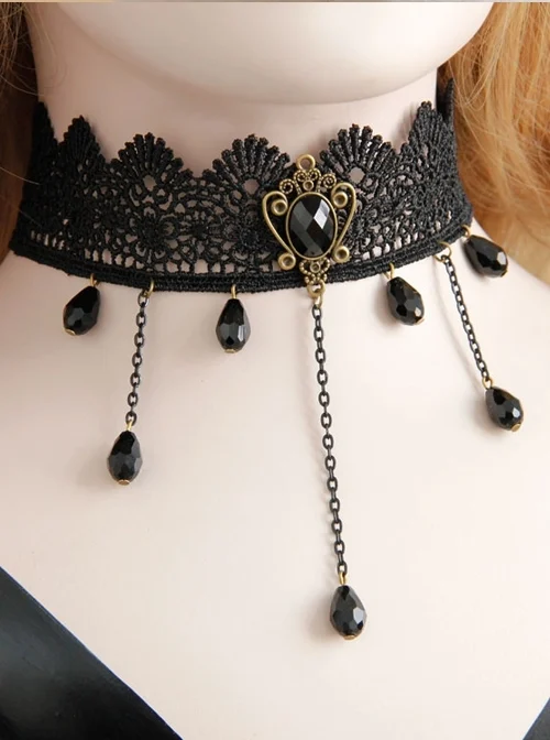 Retro Gothic Black Lace Flower Tassel Man-Made Crystal Female Choker
