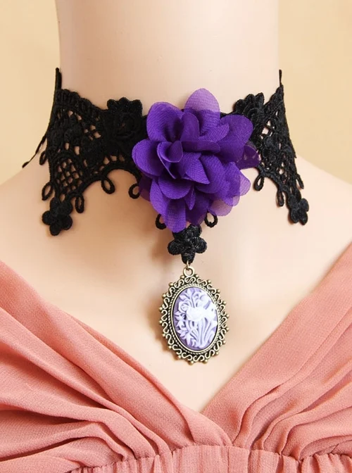 Retro Gothic Pop Purple Flower Black Lace Pendant Choker