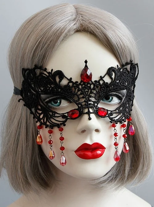 Retro Gothic Prom Princess Half Face Black Lace Red Crystal Christmas Mask