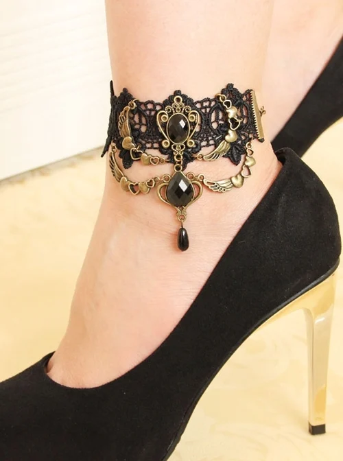 Retro Personality Gothic Fashion Wings Black Lace Gemstone Female Anklet