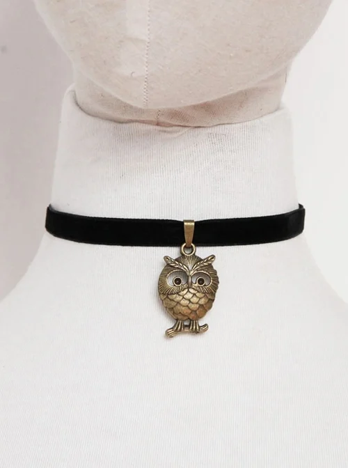 Retro Simple Bronze Owl Black Velvet Rope Fashion Female Short Necklace