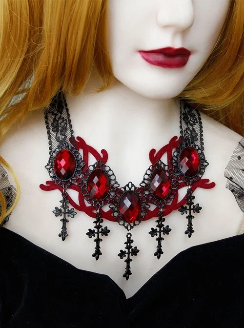 Retro Vampire Style Halloween Gothic Punk Exaggerated Cross Ruby Black Lace Choker