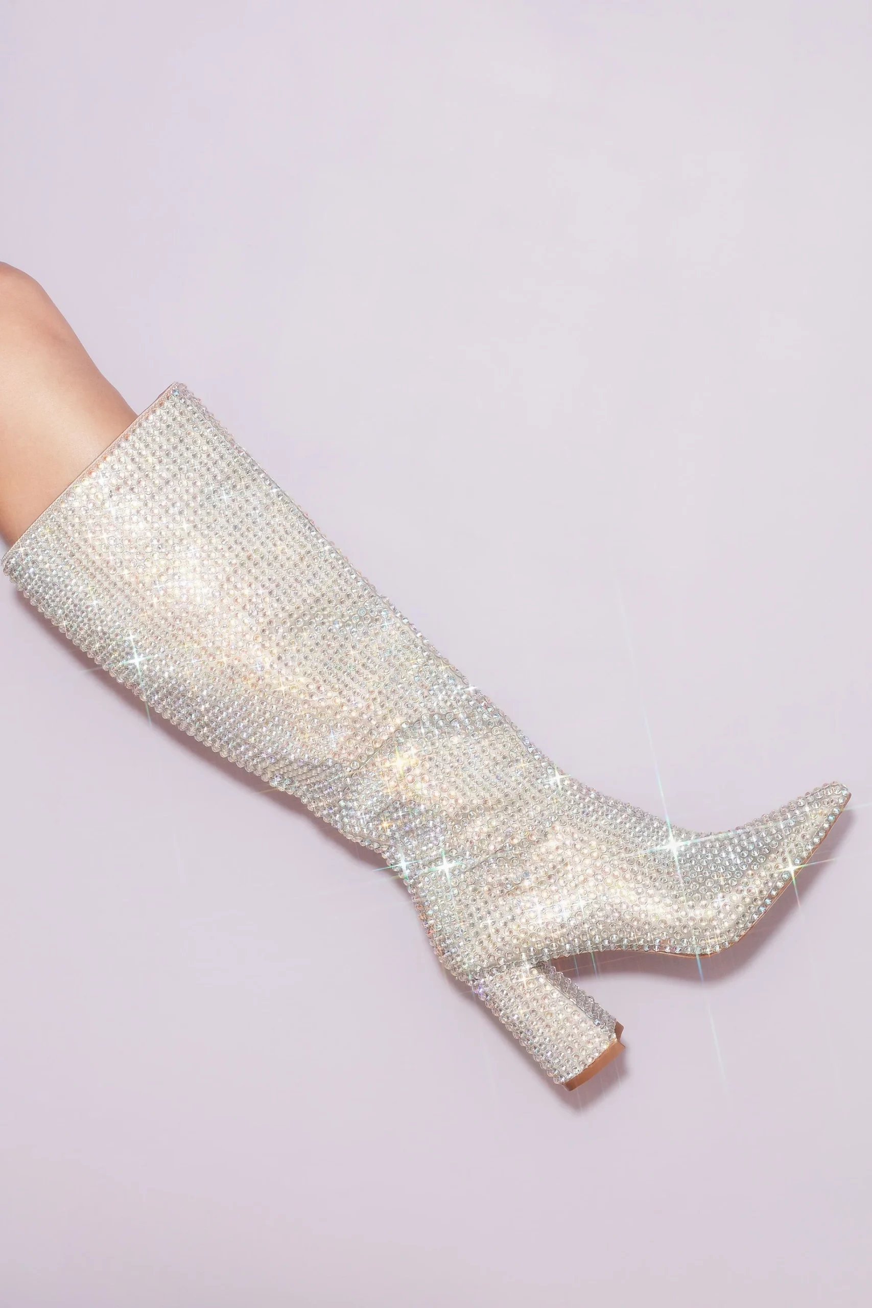 Rhinestone Encrusted Heeled Knee-High Boots