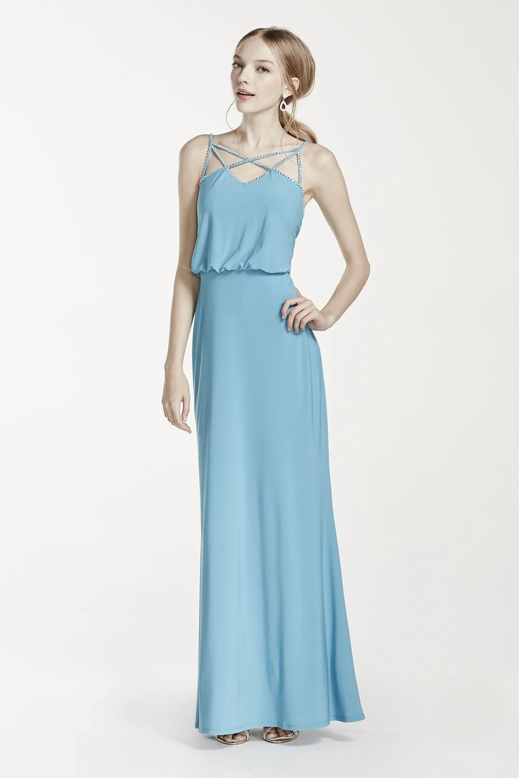 Rhinestone Spaghetti Strap Blouson Jersey Dress
