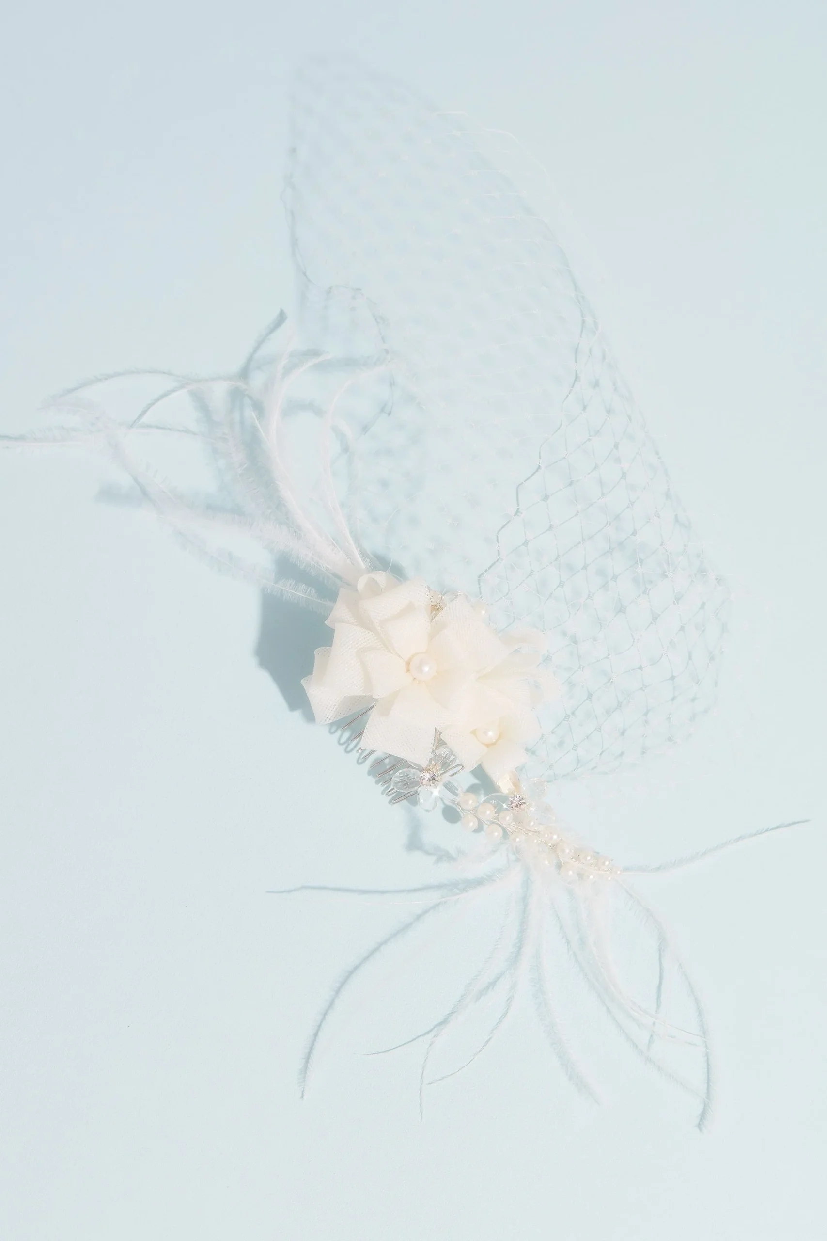 Ribbon Flower Comb with Wispy Feathers and Fishnet